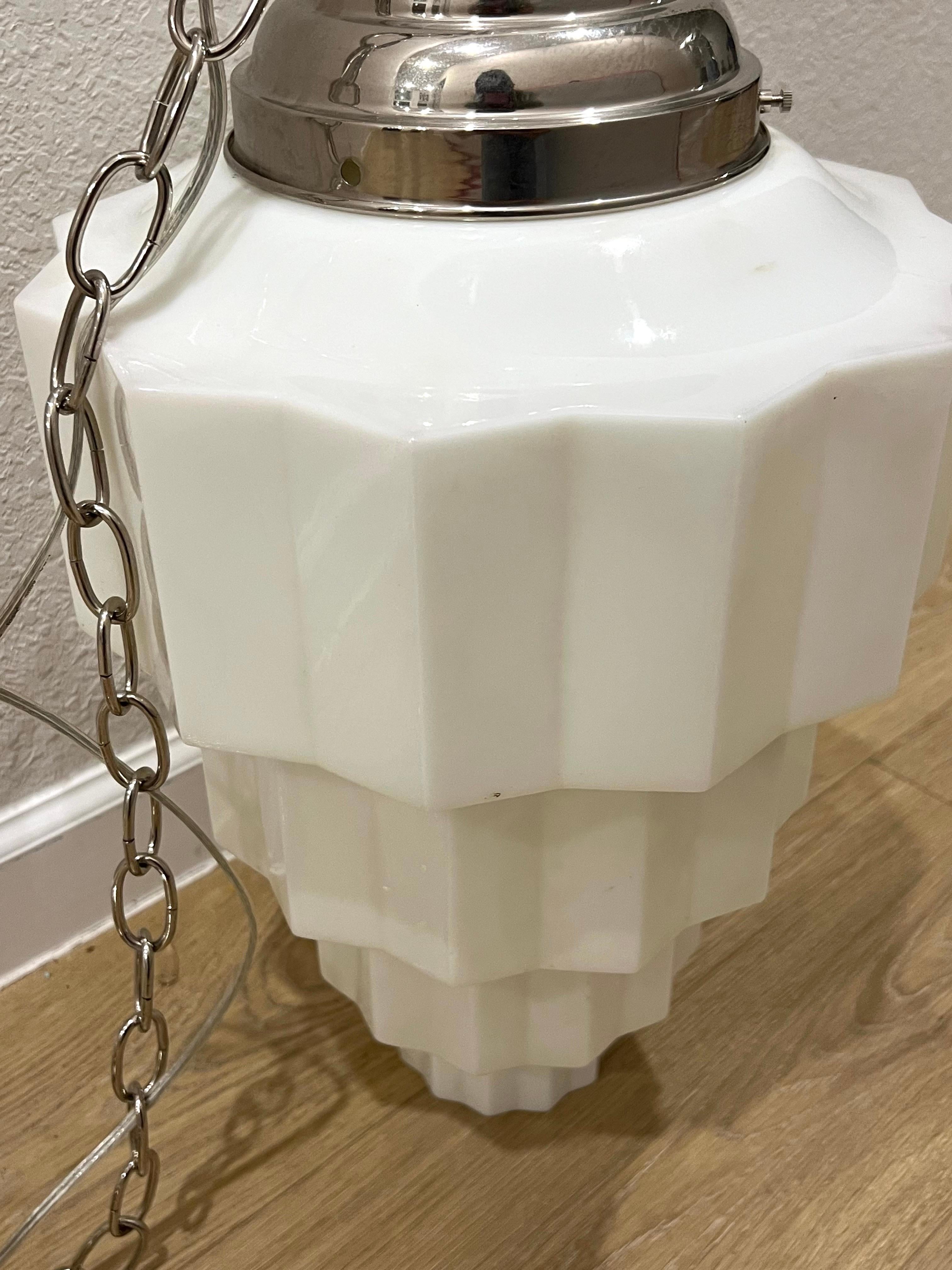 1920s Art Deco Skyscraper Milk Glass Pendant Light In Good Condition In Esperance, NY