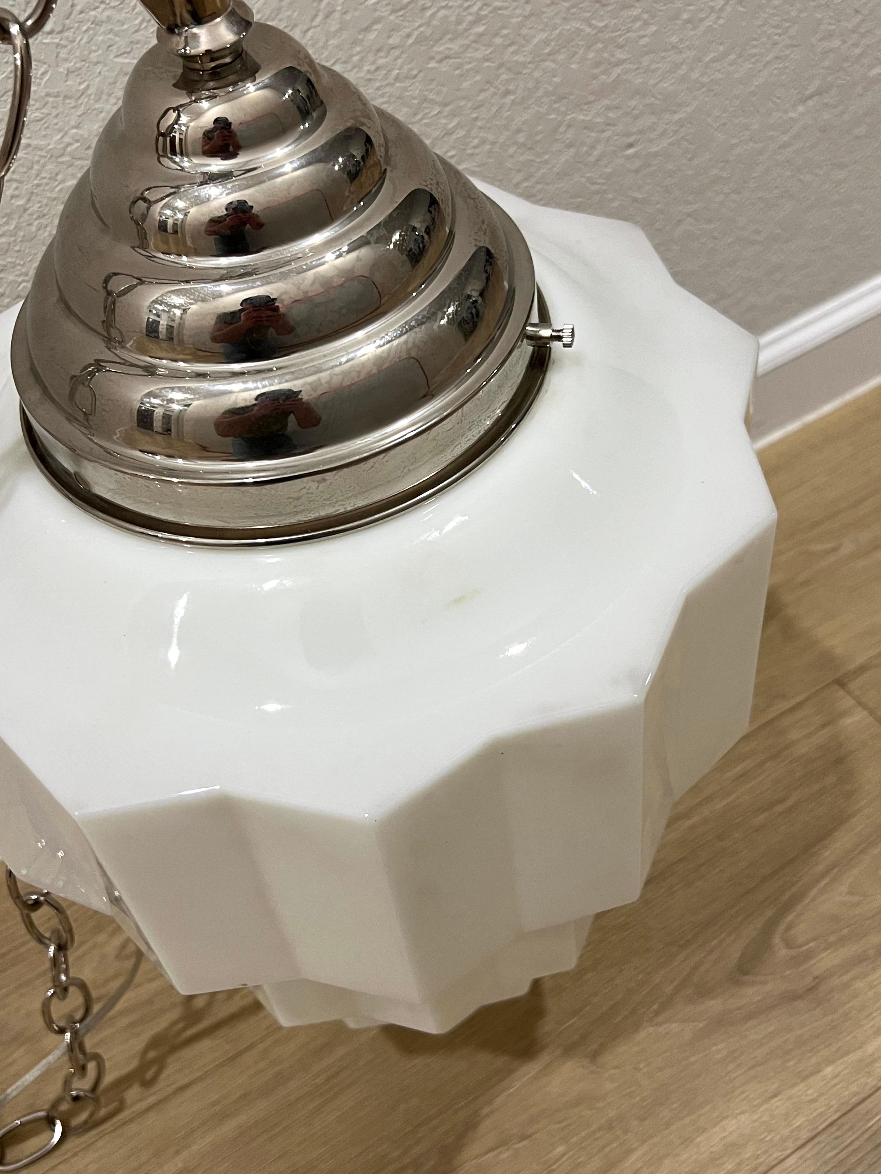 Early 20th Century 1920s Art Deco Skyscraper Milk Glass Pendant Light