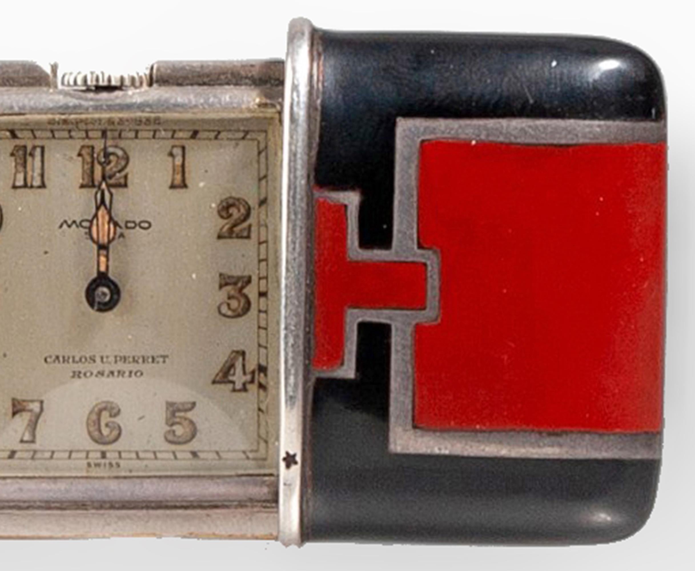 Orologio/cronometro Art Déco svizzero degli anni '20 in argento e smalto Movado Ermeto in vendita 1