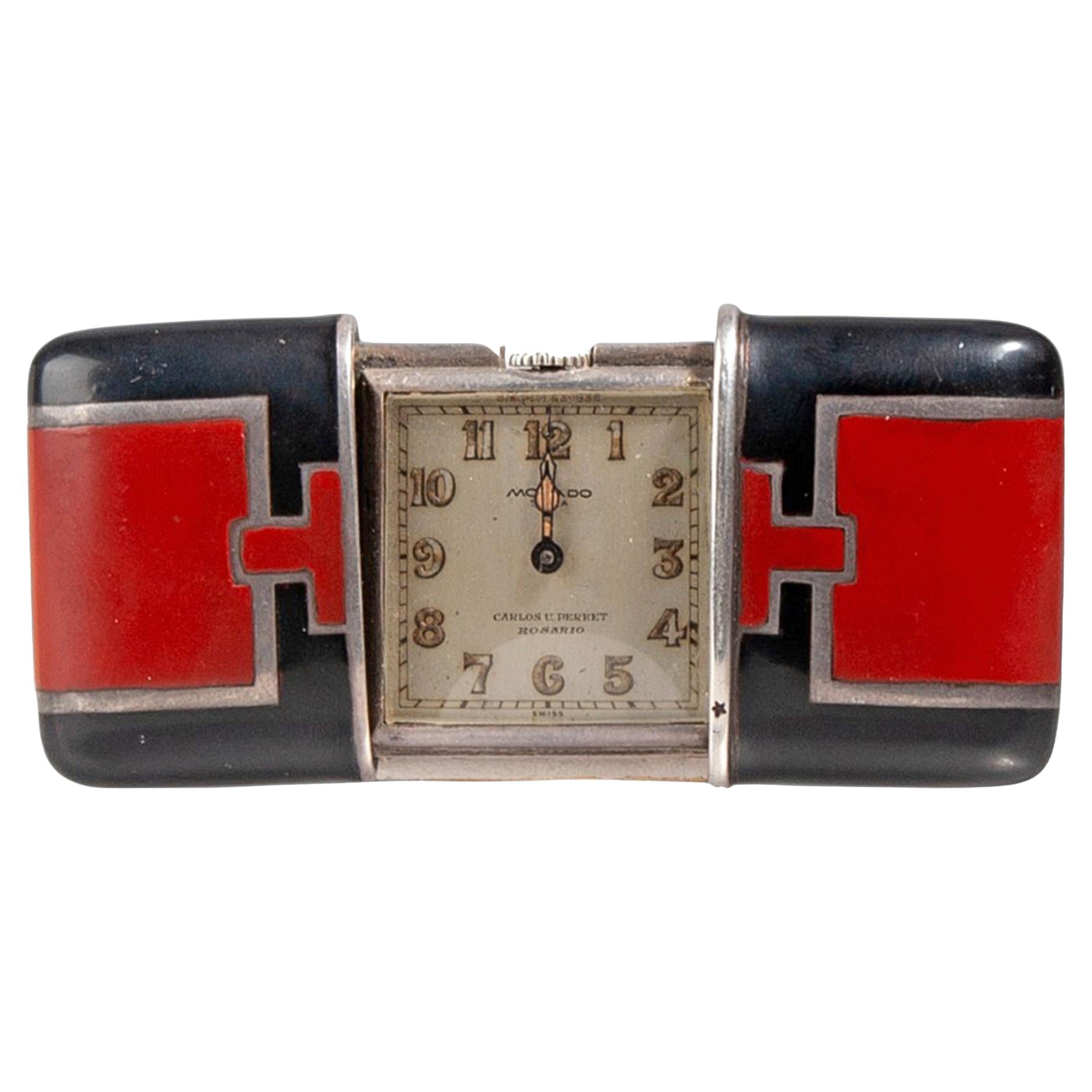 1920s Art Déco Swiss Sterling Silver and Enamel Movado Ermeto Watch/Chronometer