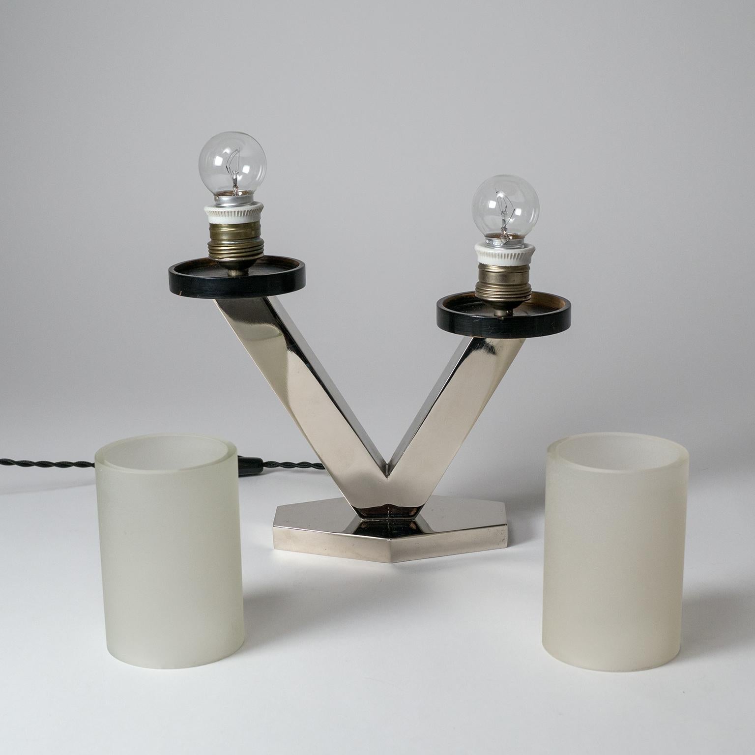 1920s Art Deco Table Lamps, Nickel and Glass 3