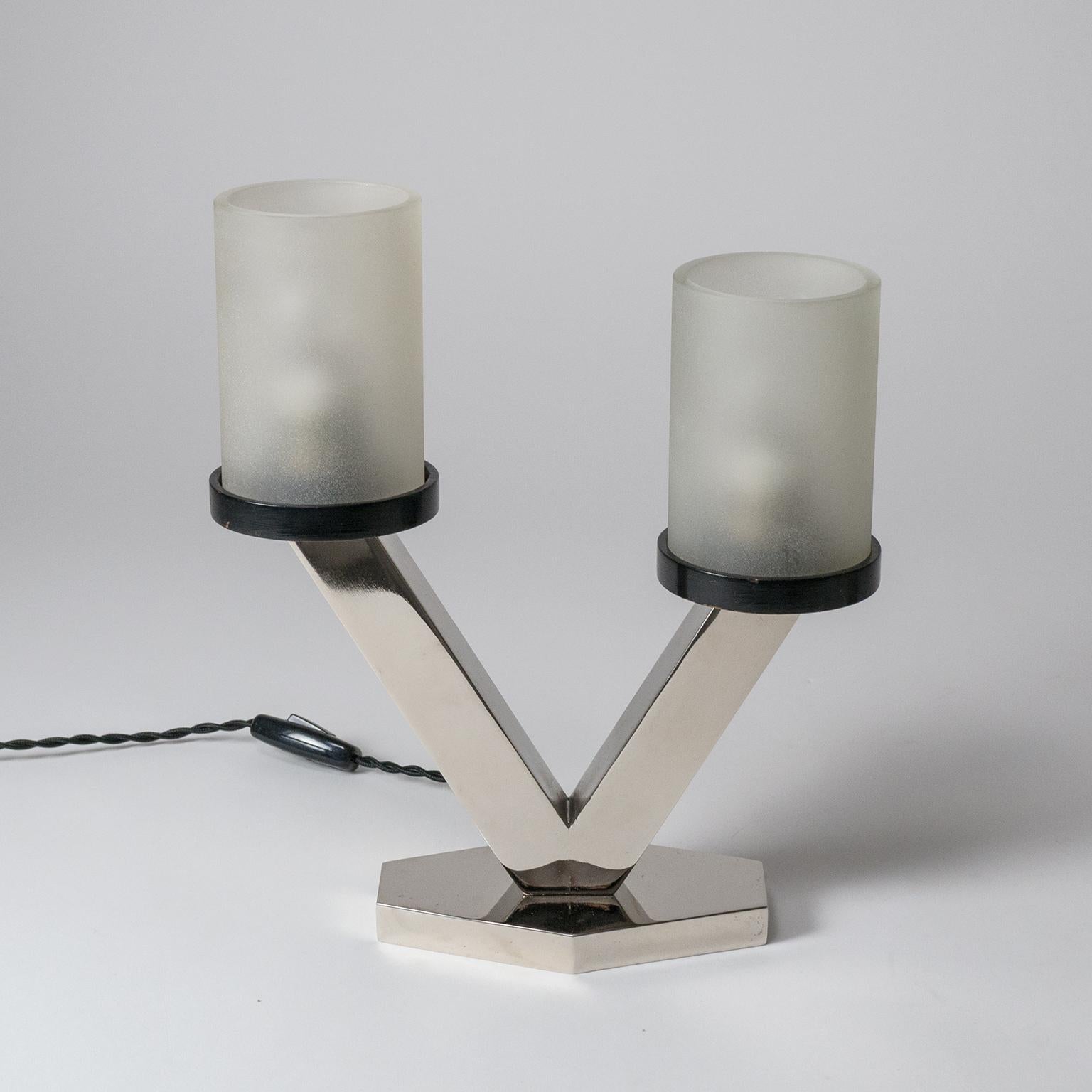 1920s Art Deco Table Lamps, Nickel and Glass 5