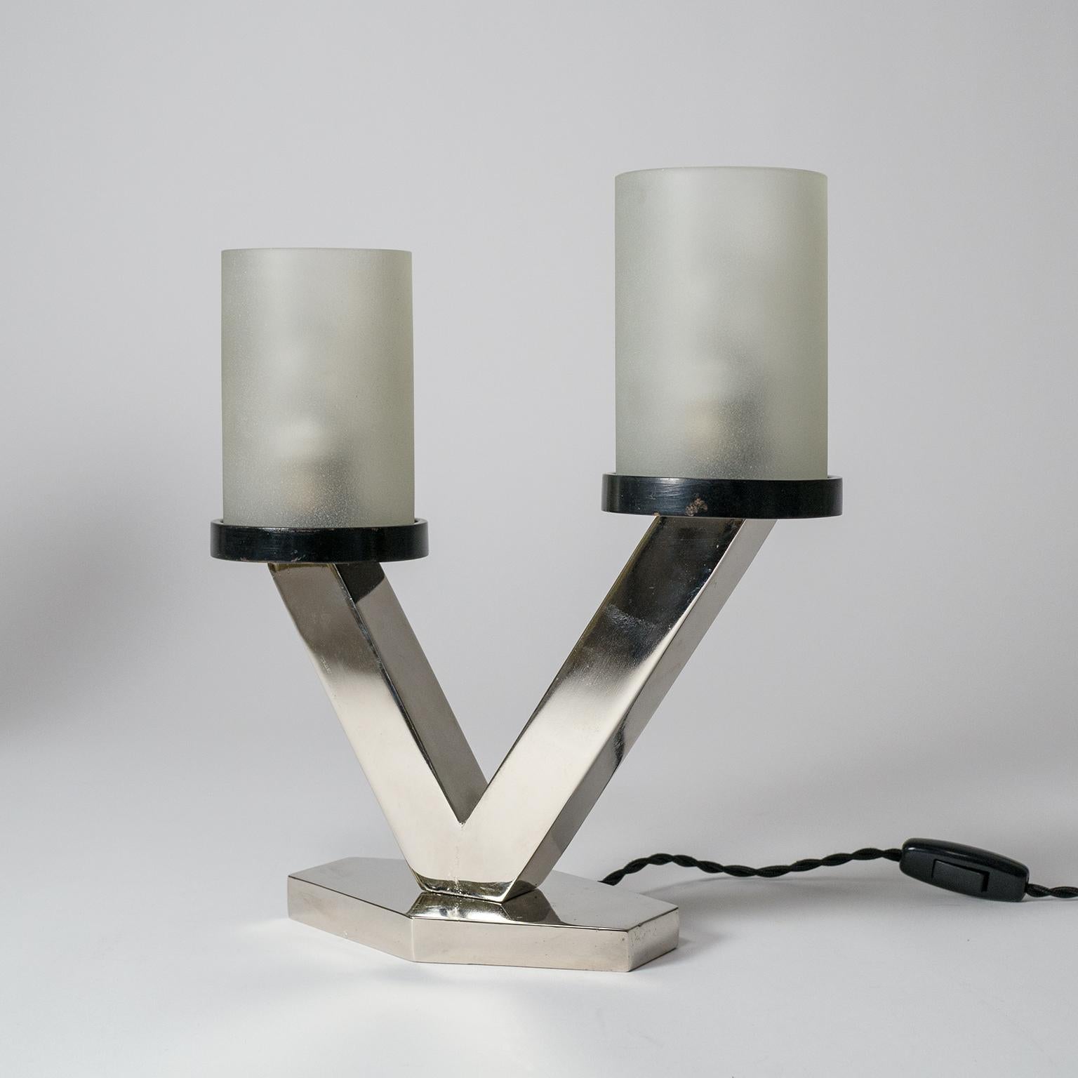 1920s Art Deco Table Lamps, Nickel and Glass 7