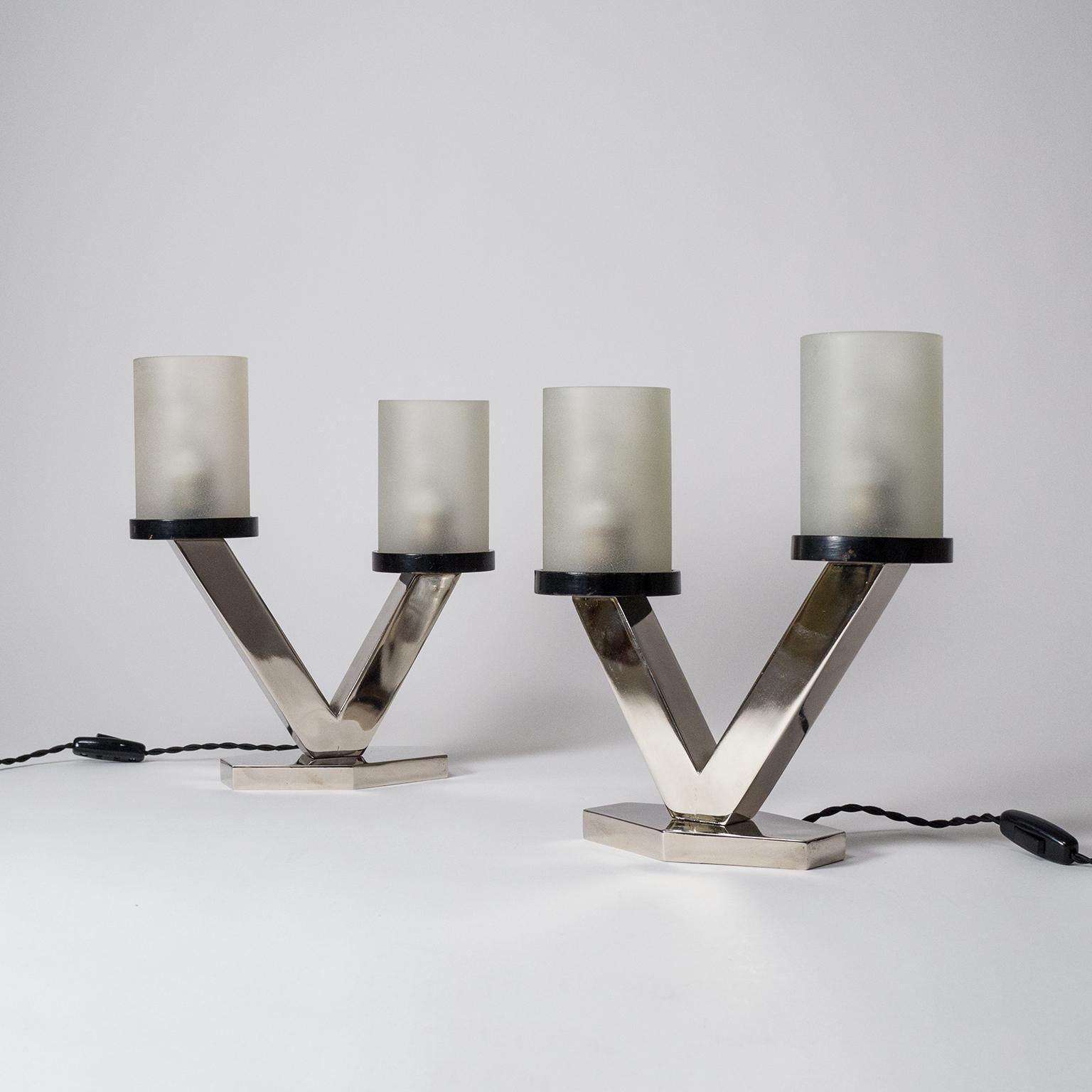 1920s Art Deco Table Lamps, Nickel and Glass 10