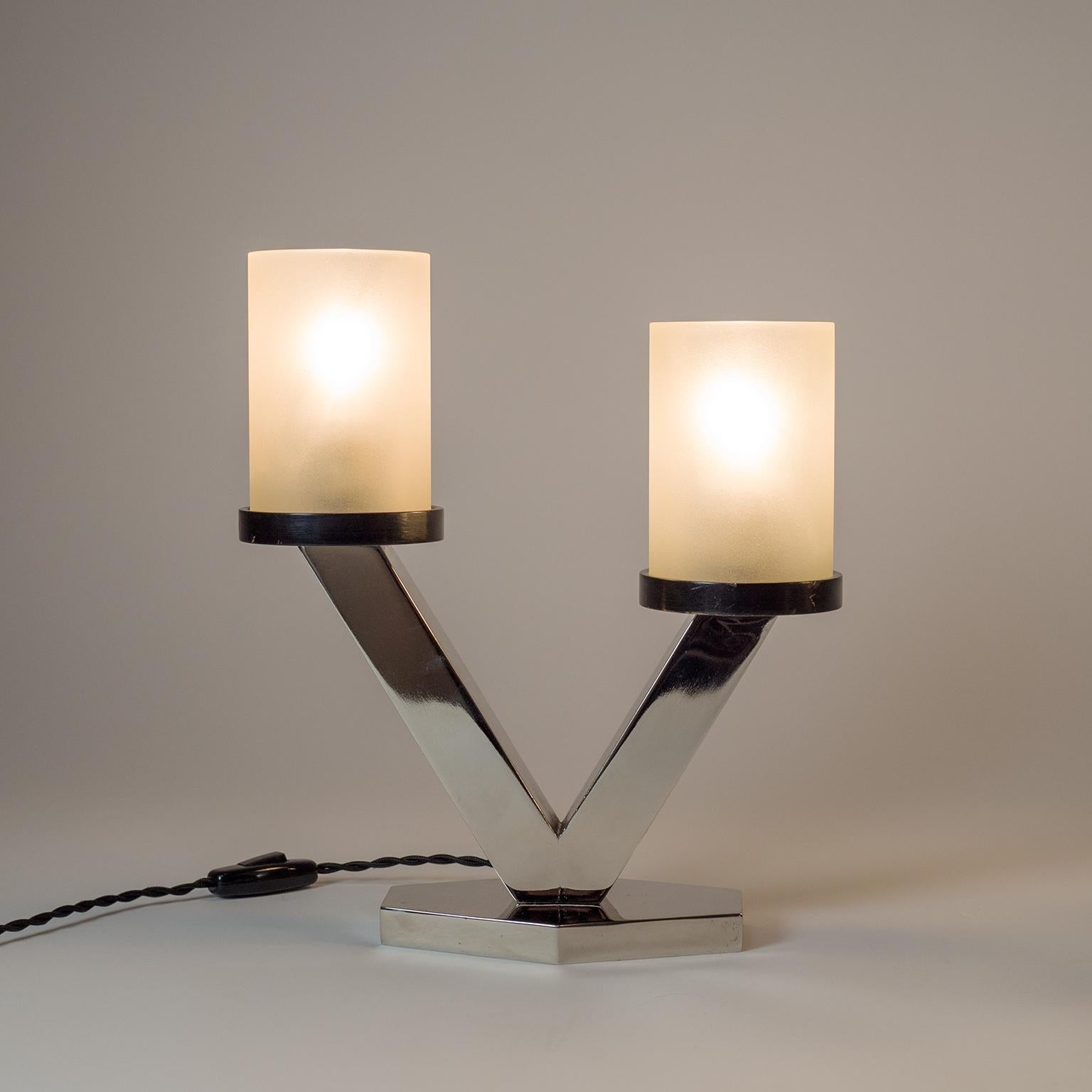 Frosted 1920s Art Deco Table Lamps, Nickel and Glass