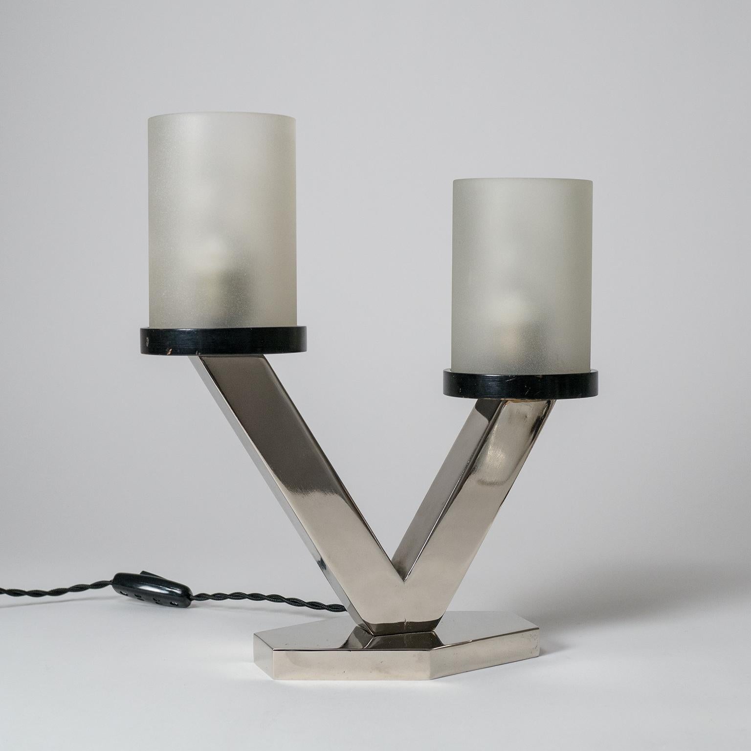 1920s Art Deco Table Lamps, Nickel and Glass In Good Condition In Vienna, AT