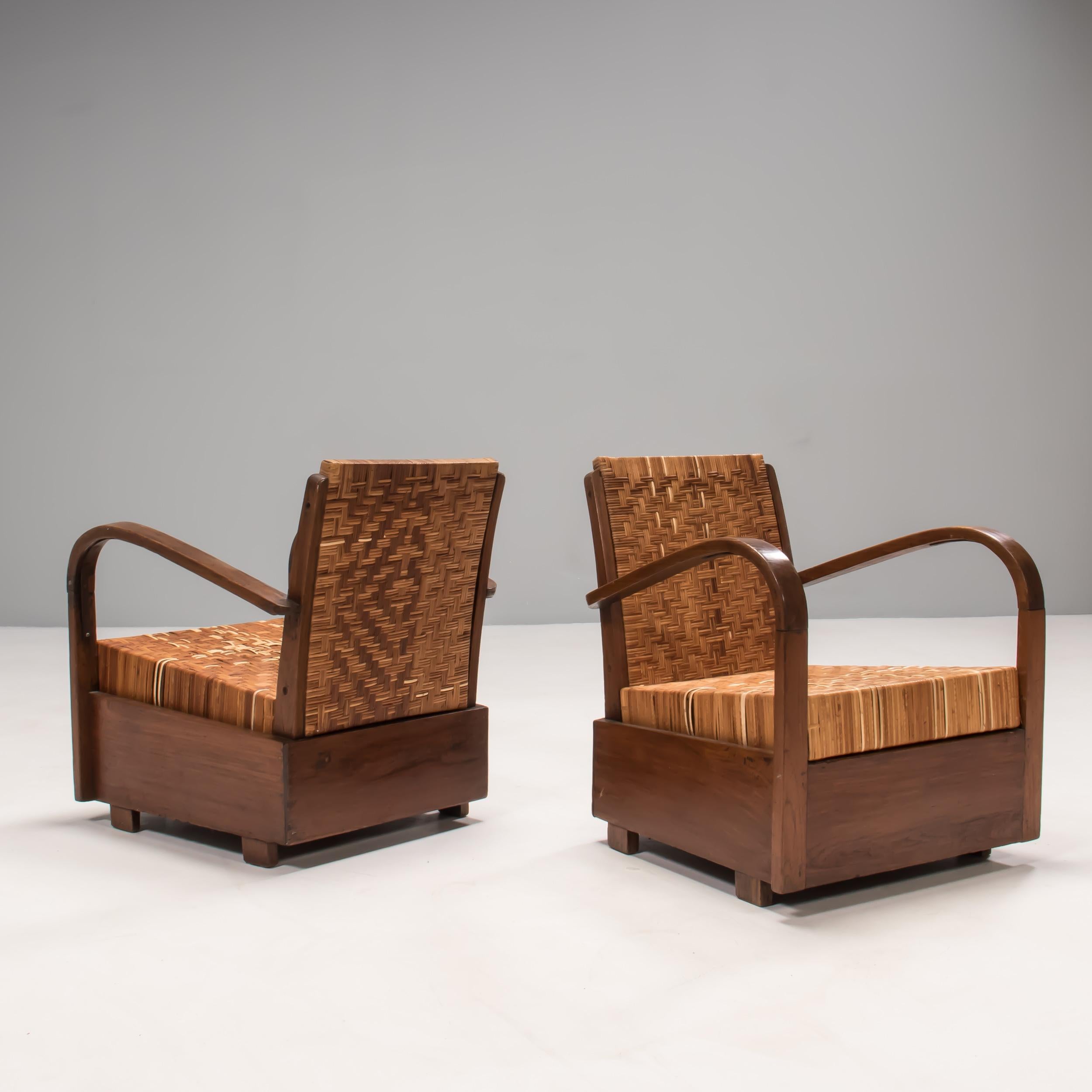 American Colonial 1920s Art Deco Teak & Cane Armchairs, Set of 2