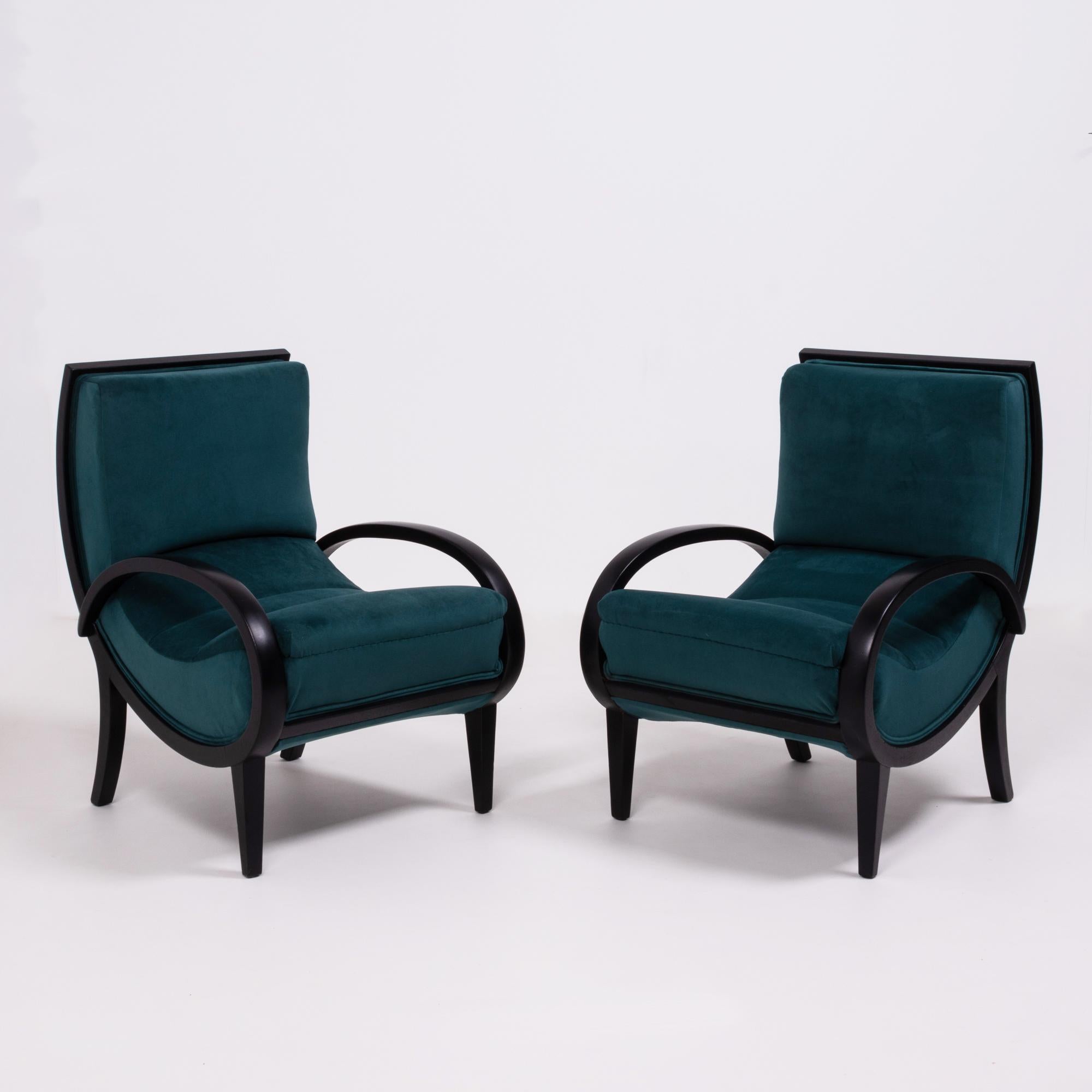 1920s Art Deco Teal Velvet Bentwood Armchairs, Set of 2 In Good Condition In London, GB