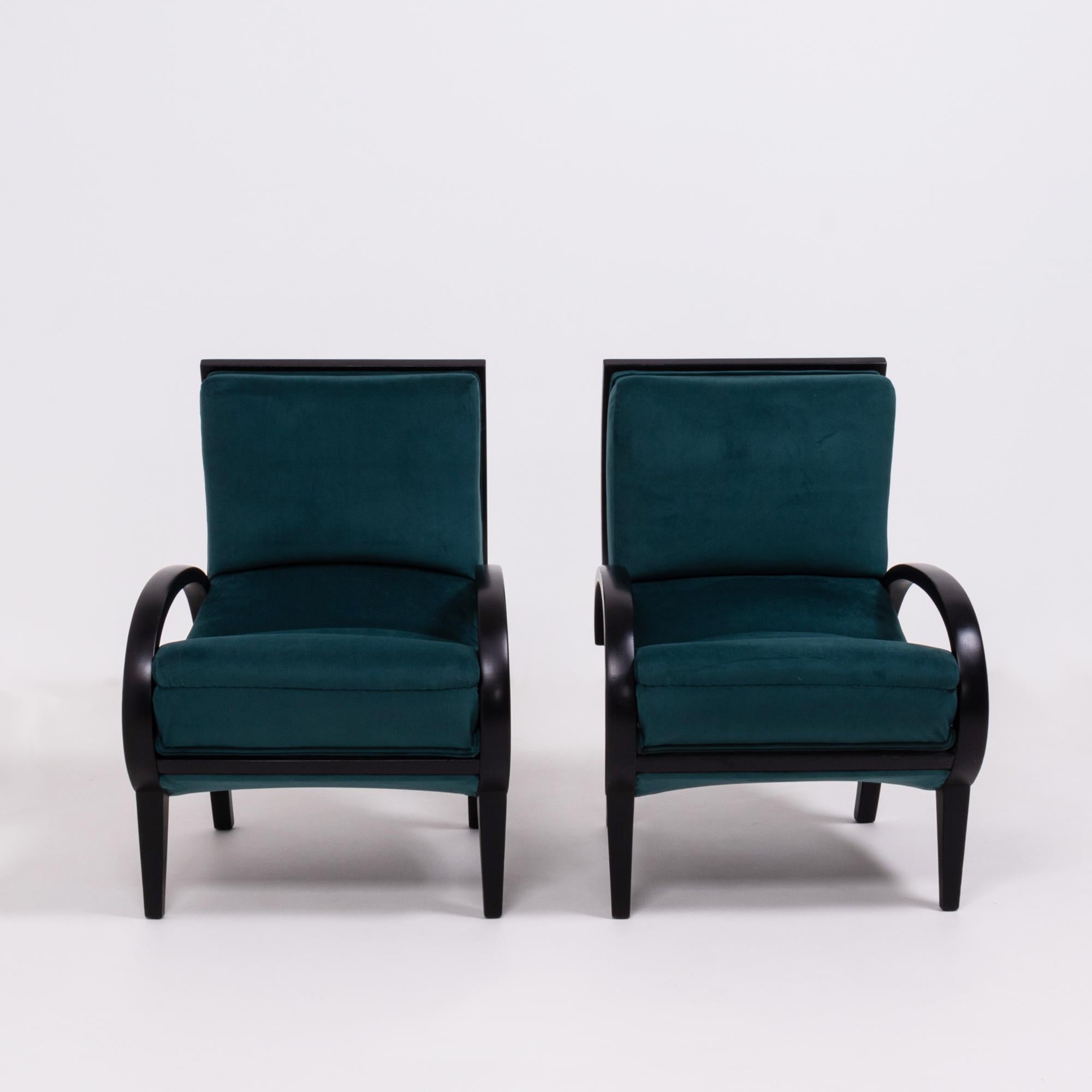 Early 20th Century 1920s Art Deco Teal Velvet Bentwood Armchairs, Set of 2