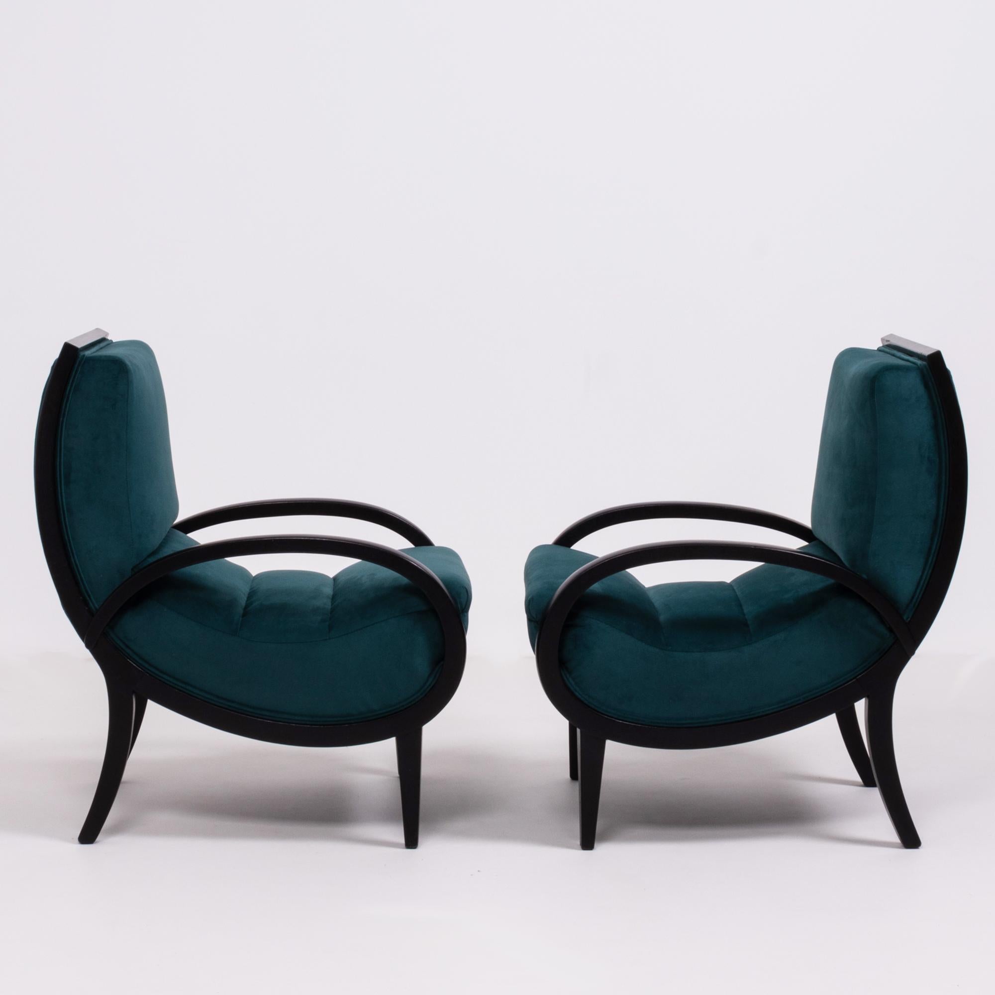 1920s Art Deco Teal Velvet Bentwood Armchairs, Set of 2 1