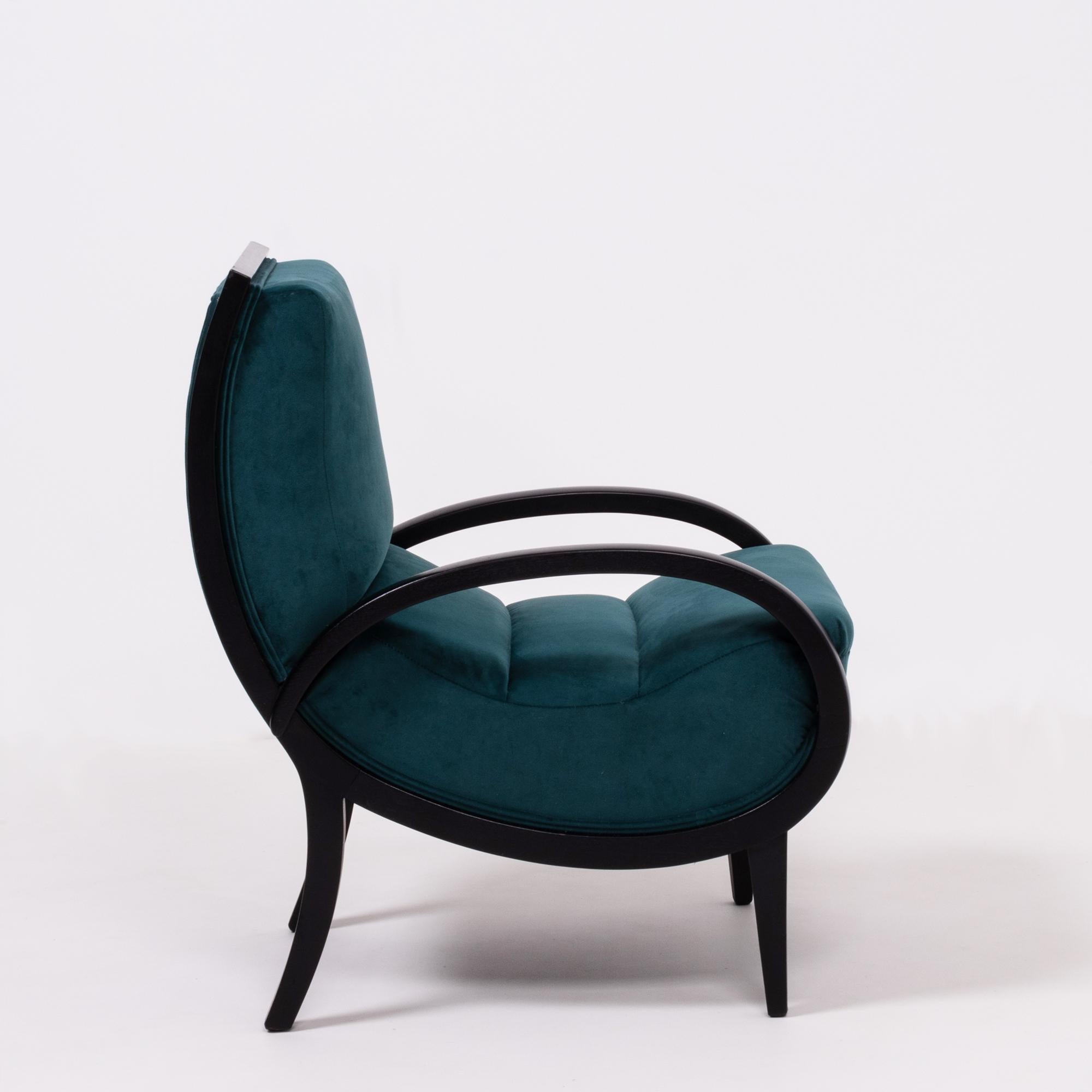 1920s Art Deco Teal Velvet Bentwood Armchairs, Set of 2 5