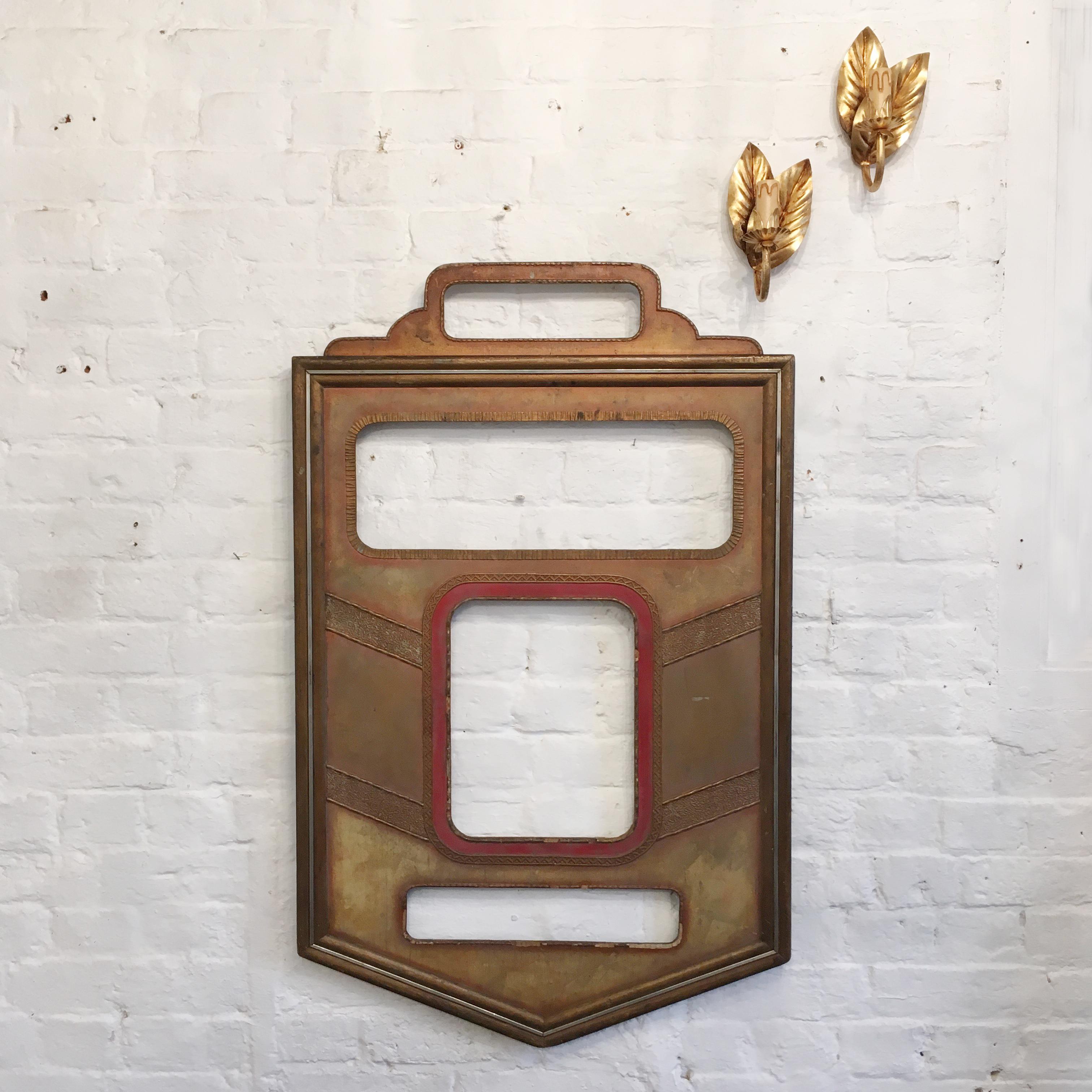 1920s Art Deco wooden theatre/cinema poster frame.
This genuine piece was salvaged from an old venue in Margate, on the south coast in the UK
Gold and red with textured finishes and metallic paint finish, metal border frame inside the edge
This