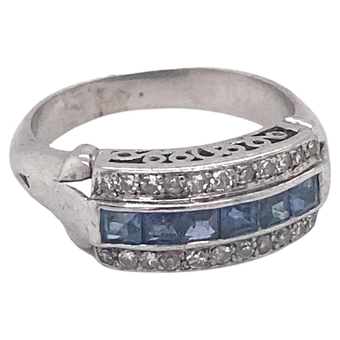 1920s Art Deco Three Row Diamond and Sapphire Ring in Palladium