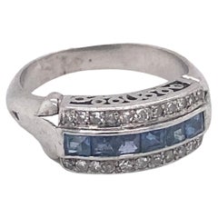 1920s Art Deco Three Row Diamond and Sapphire Ring in Palladium