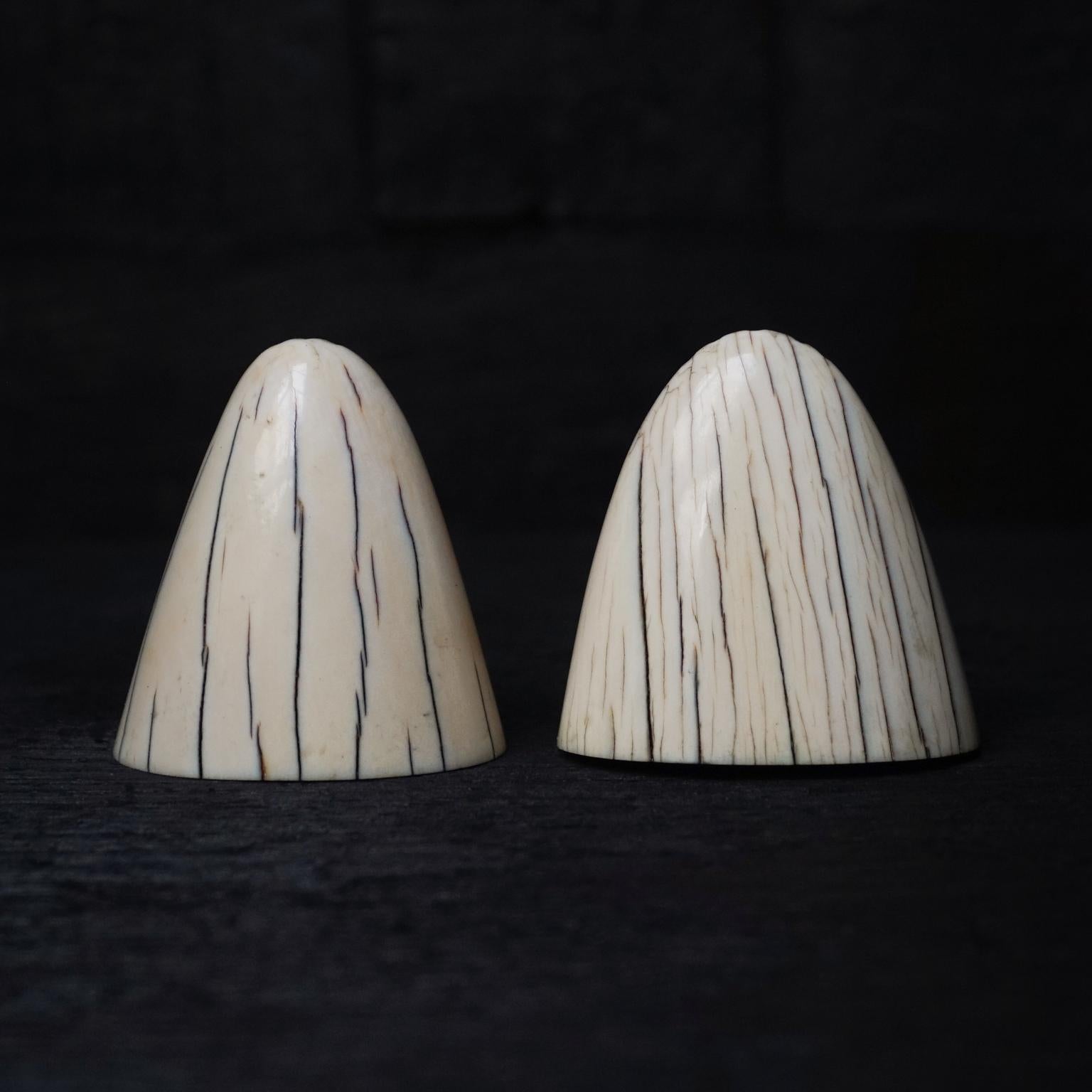 This unique salts and pepper shaker set is made from the tips of walrus tusks.
Look at this pretty powerful line pattern.
This very elegant Art Deco shaker set would look great completing a condiment set on any dining table.

Finished with a