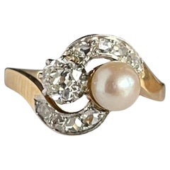 Bague Toi Moi diamant et perle en or massif 14K des années 1920 Taille 7.5 US