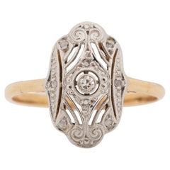 1920's Art Deco Two Tone Platinum and Yellow Gold Vintage Small Shield Ring
