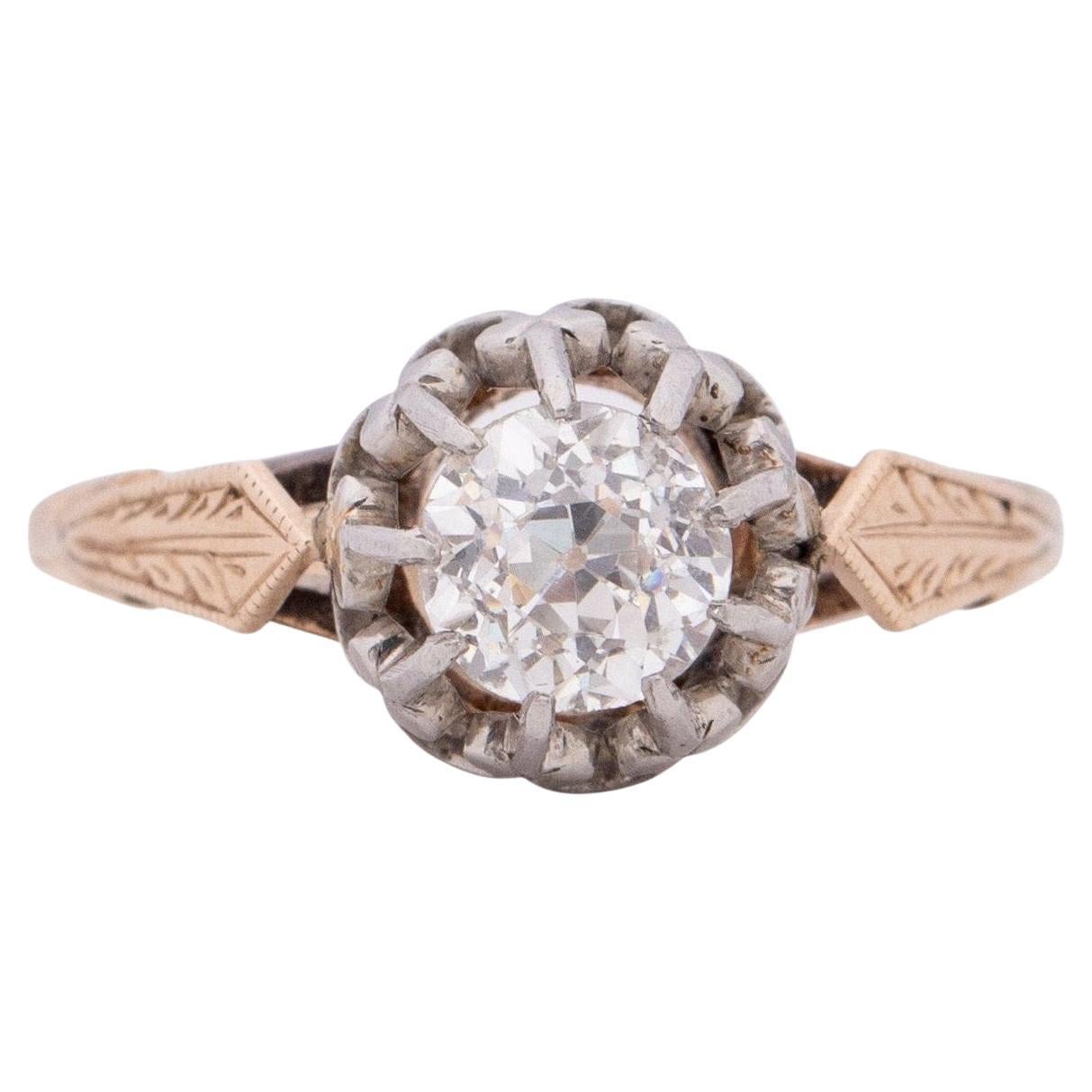 1920's Art Deco Two Tone Vintage Old European Cut "Fleur Di Lis" Solitaire Ring For Sale