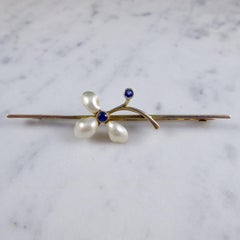 1920s Art Deco Vintage Sapphire and Pearl Brooch, Yellow Gold