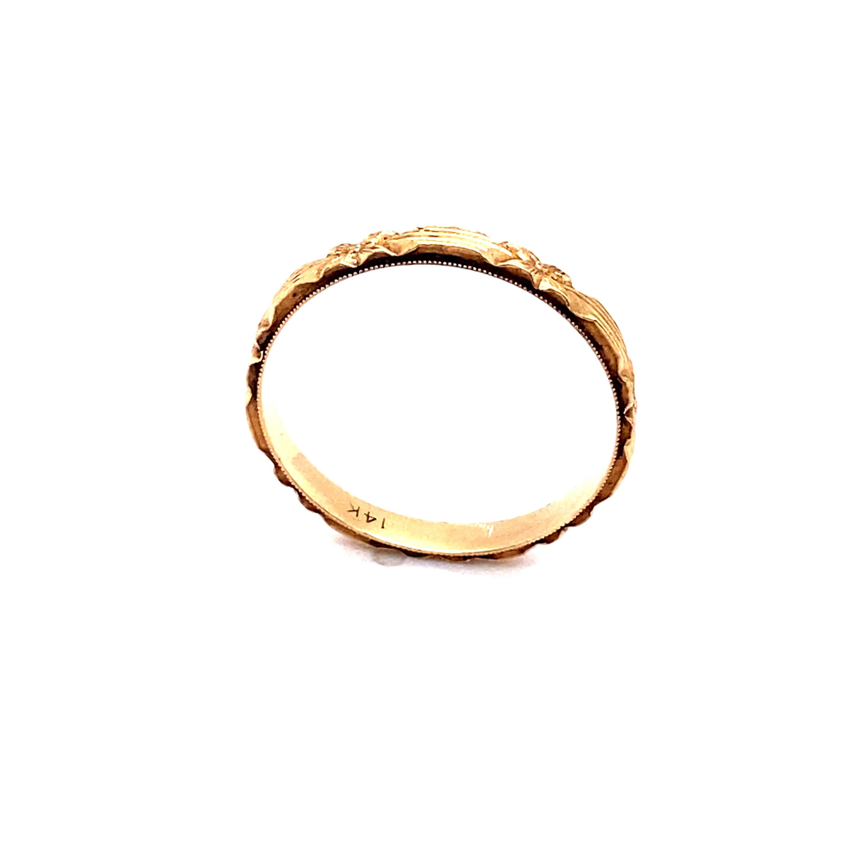 Circa: 1920
Metal Type: 14 Karat Yellow Gold
Weight: 2 grams
Size: 9.25, cannot be resized