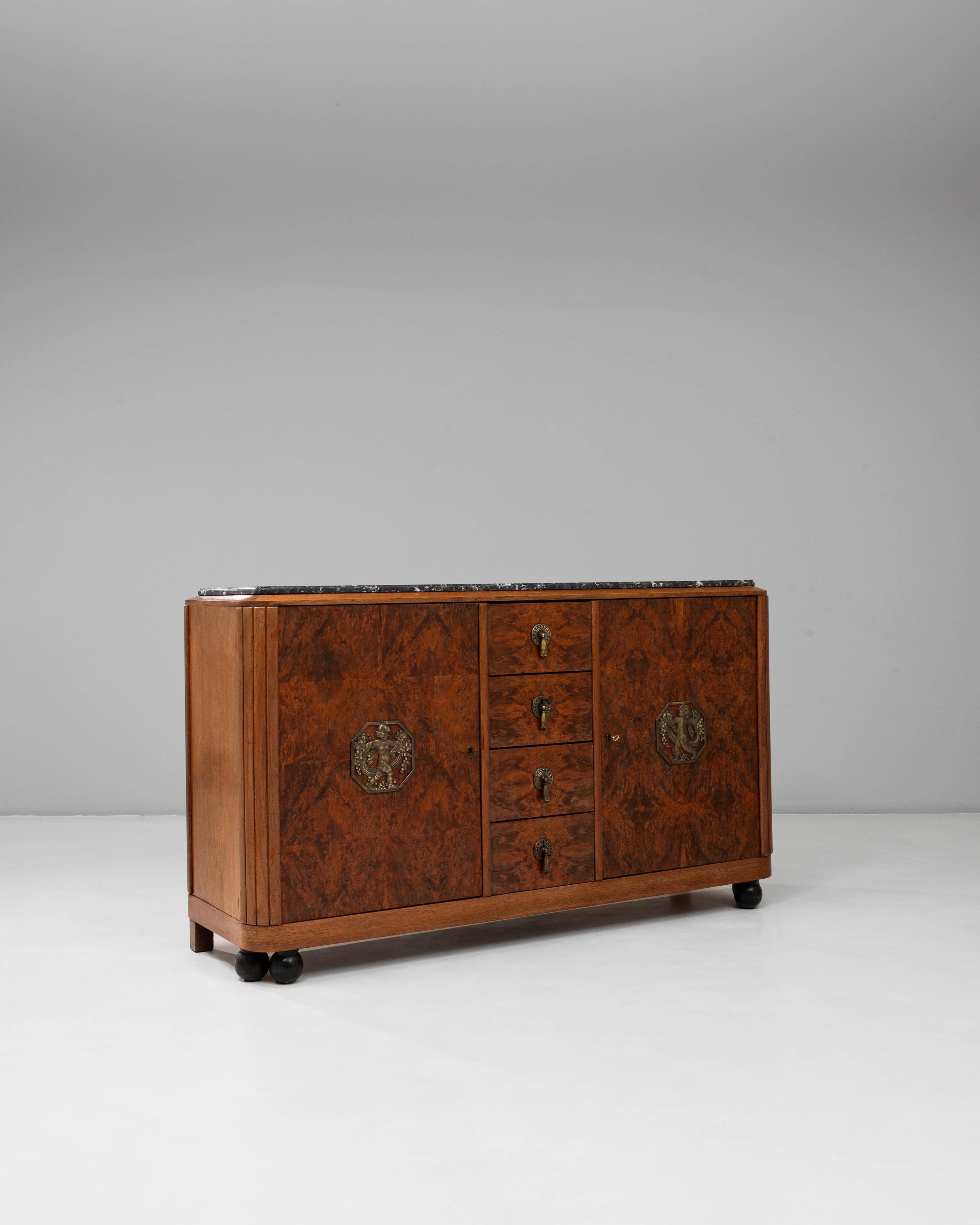 1920s Art Deco Wooden Sideboard with Marble Top siglo XX en venta