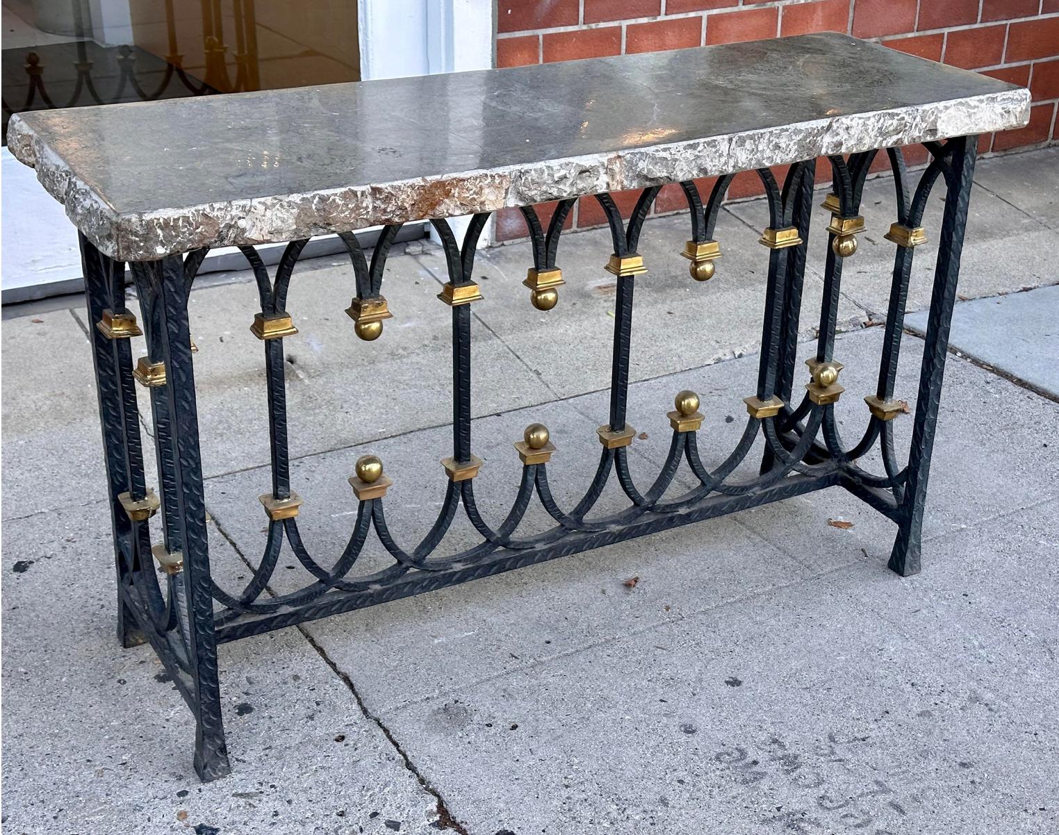 1920’s Art Deco Wrought Iron & Bronze Console Table W Later Fossil Stone Marble Top