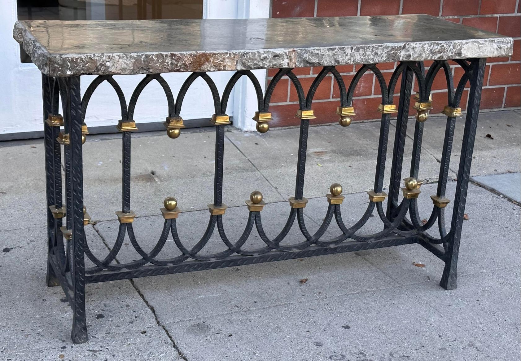 1920’s Art Deco Wrought Iron & Bronze Console Table W Later Fossil Stone Marble  In Good Condition In LOS ANGELES, CA