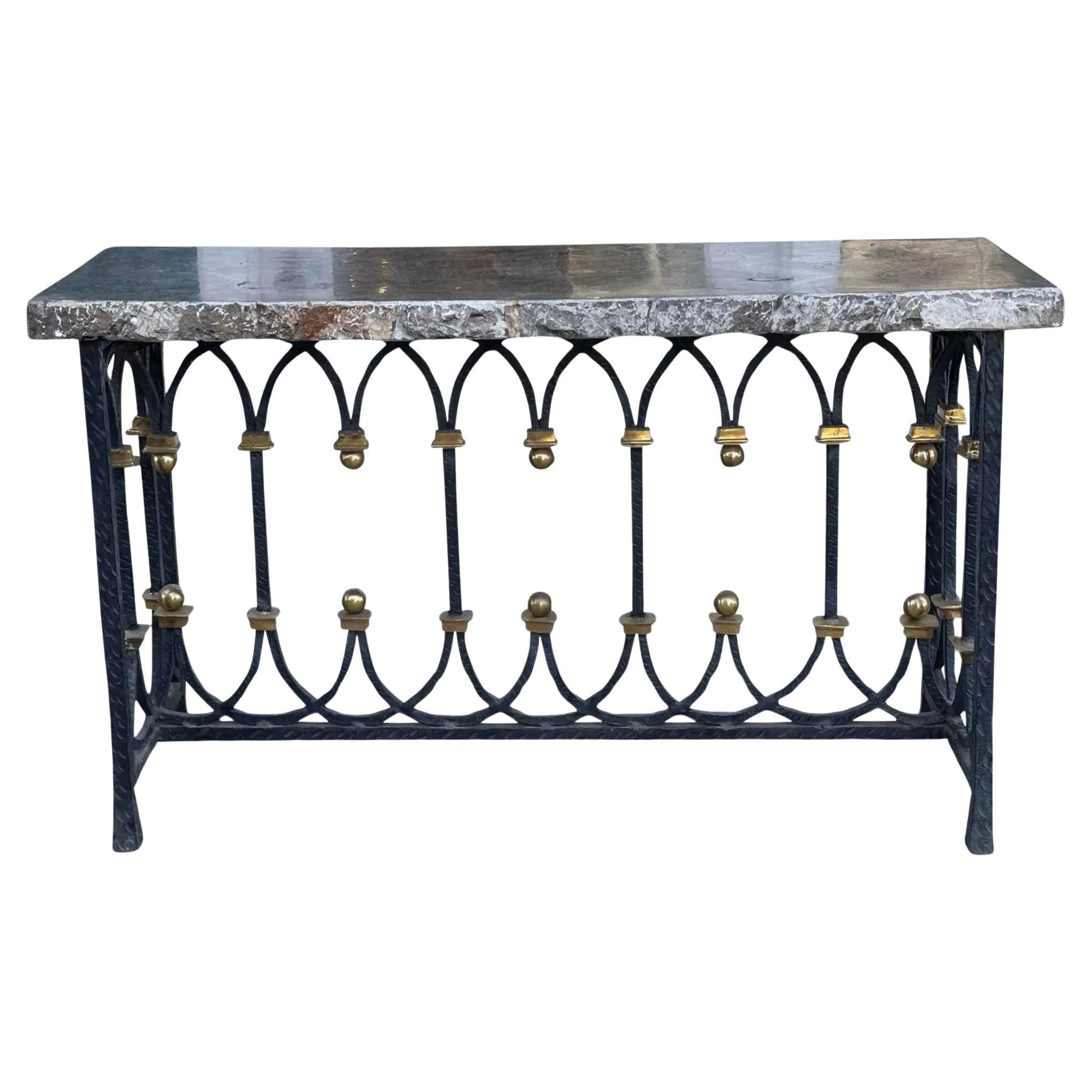 1920’s Art Deco Wrought Iron & Bronze Console Table W Later Fossil Stone Marble 