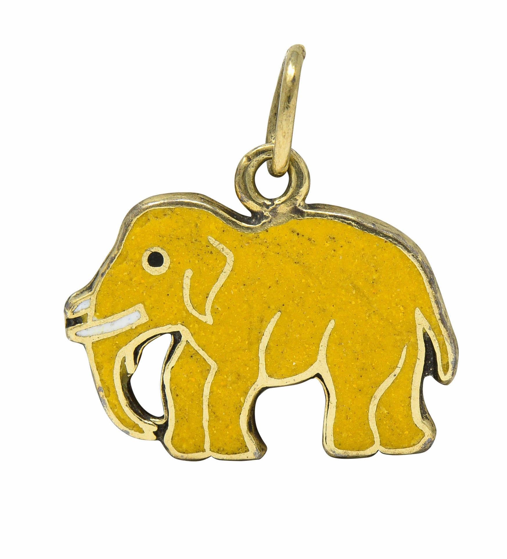 Women's or Men's 1920s Art Deco Yellow Enamel 14 Karat Gold Elephant Charm