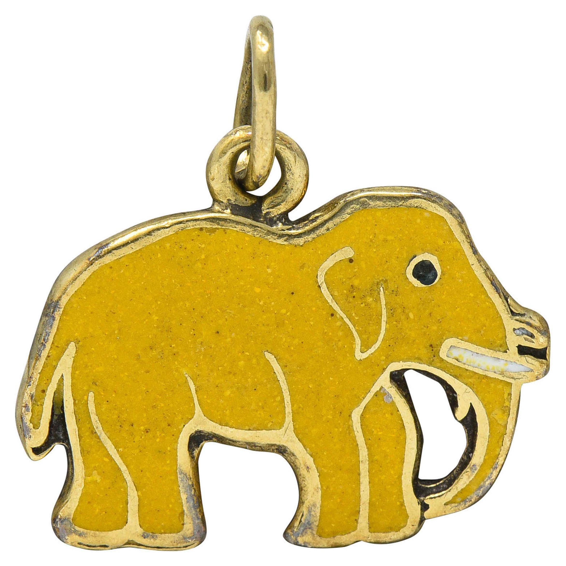 1920s Art Deco Yellow Enamel 14 Karat Gold Elephant Charm