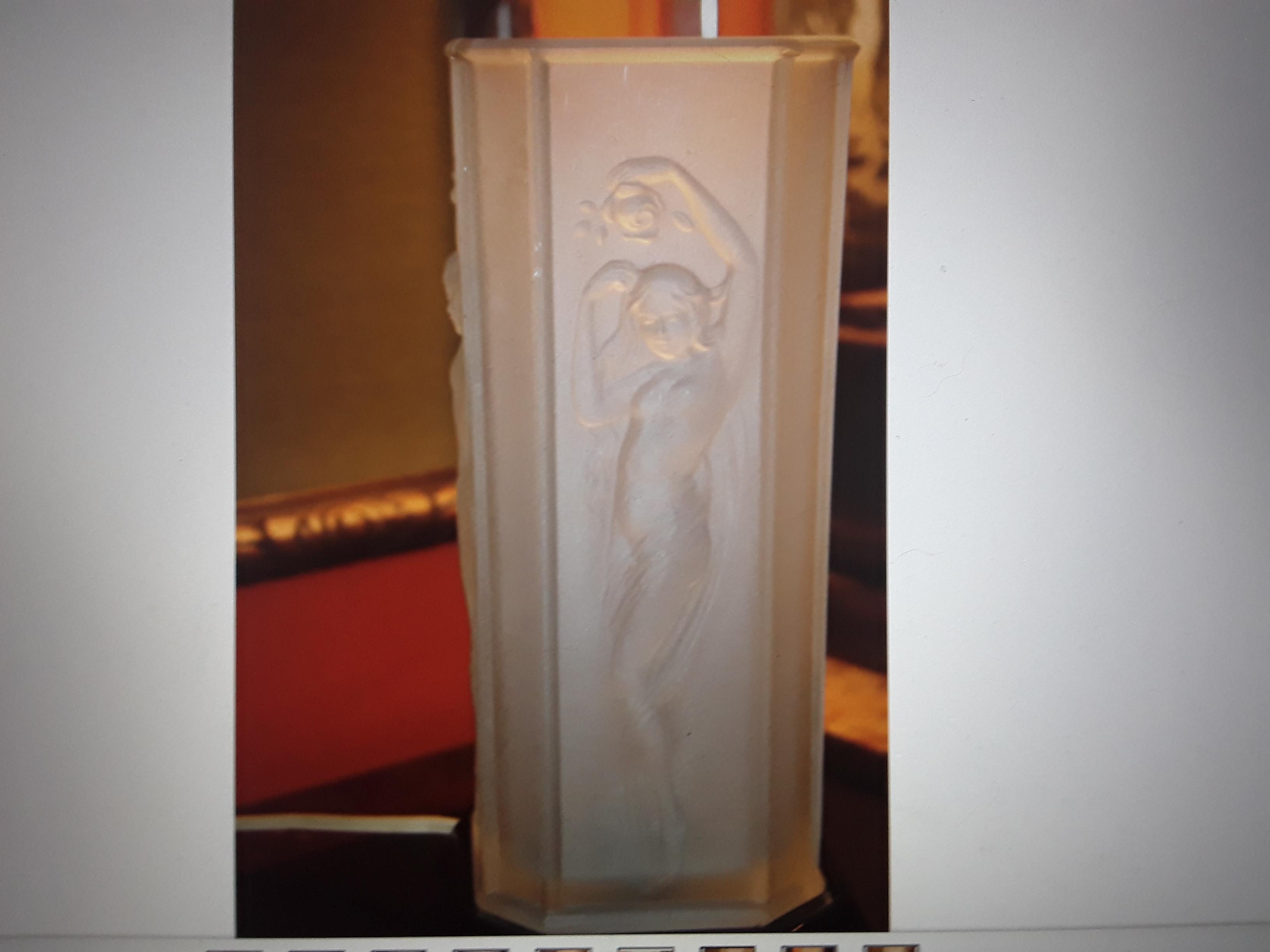 1920's Art Deco Frosted Art Glass Female Nude Figural Relief on Lamp. Rare find.