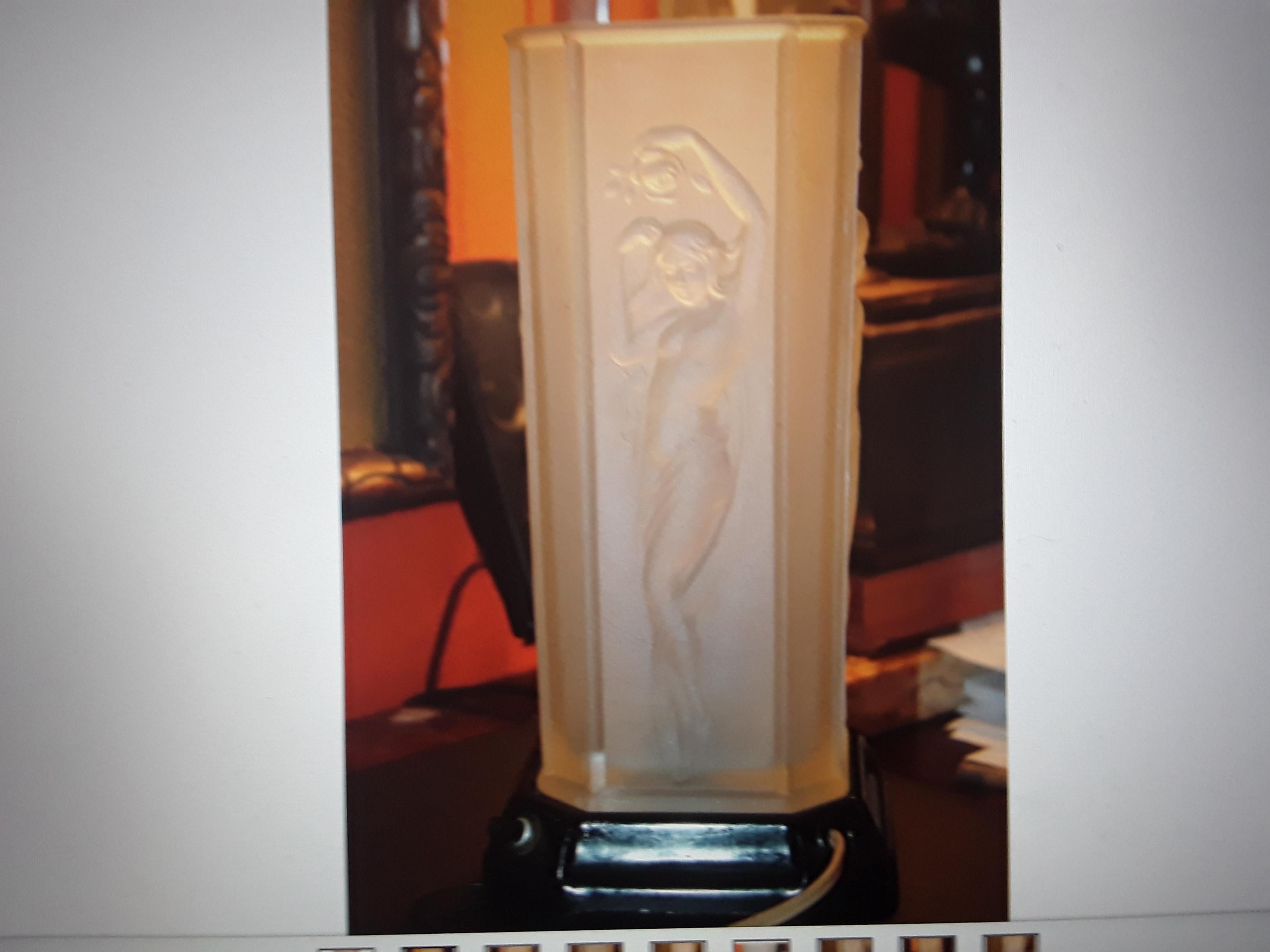 1920's Art DecoFrosted Art Glass Female Nude Relief Accent Table Lamp For Sale 2