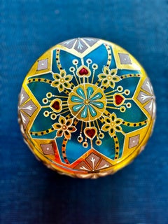 1920's Art Glass Dresser Box Hand-Painted With Heart Design on Brass Holder