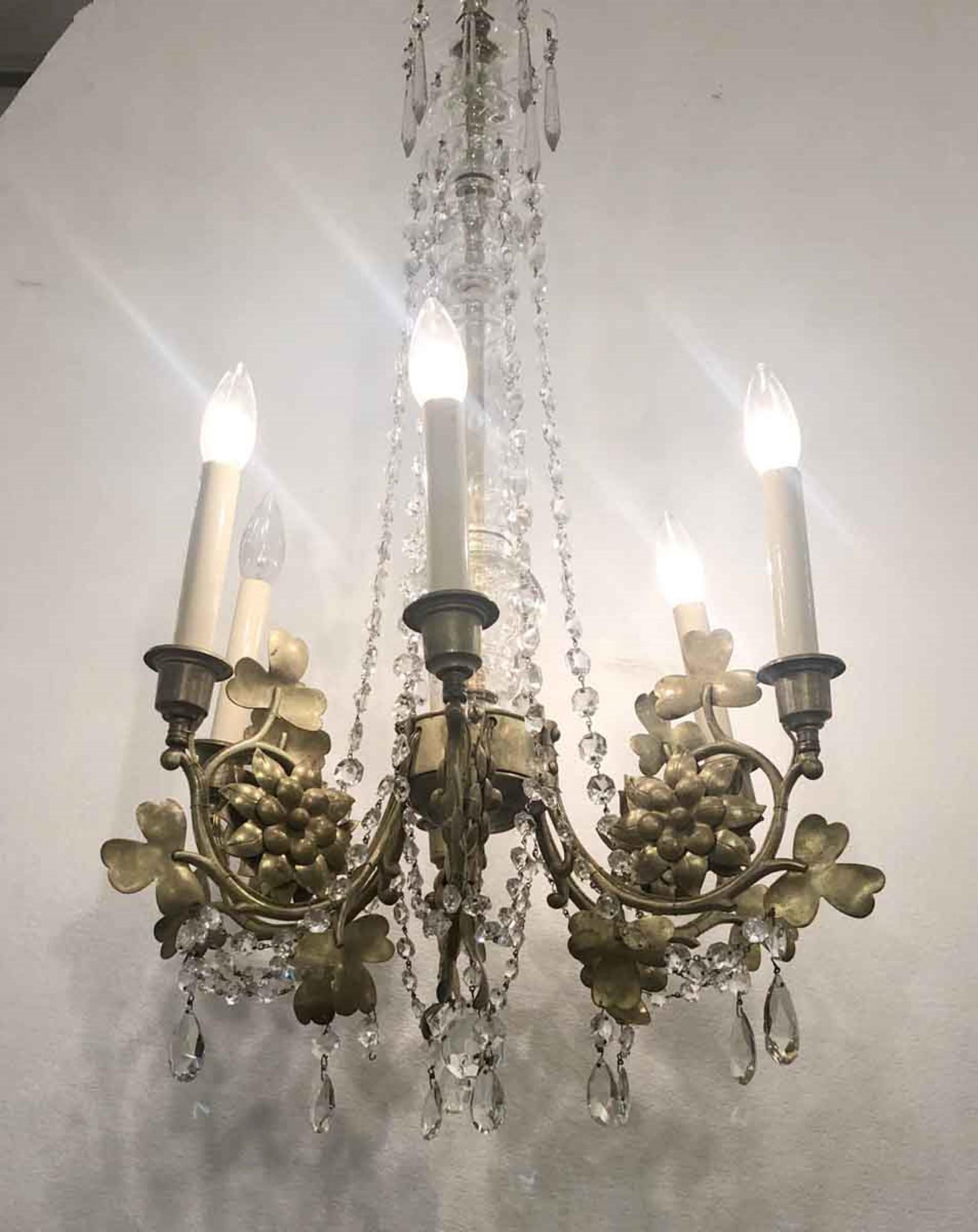 1920s Art Nouveau Bronze 6-Arm Crystal Chandelier Gilt In Good Condition For Sale In New York, NY