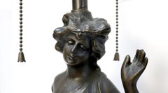 1920s Art Nouveau Bronze Verdigris Figural Table Lamp with Dual Socket
