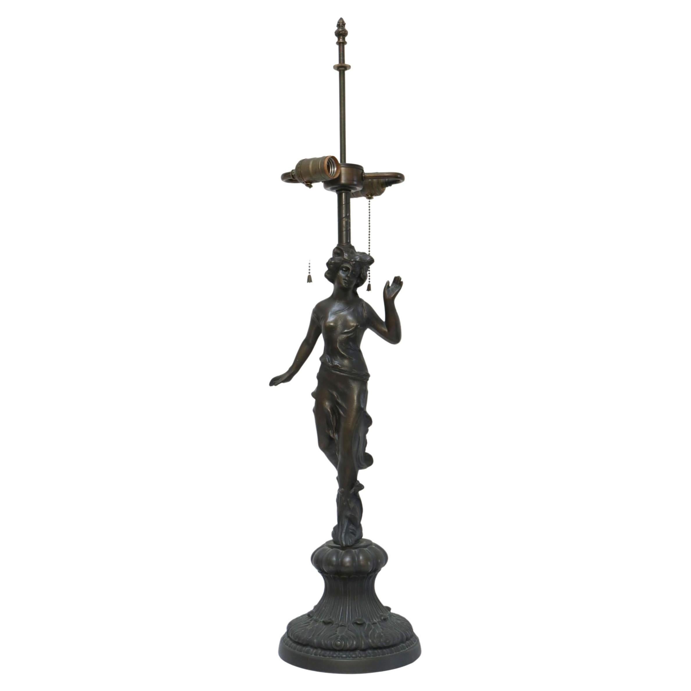 French 1920s Art Nouveau Bronze Verdigris Figural Table Lamp with Dual Socket