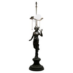1920s Art Nouveau Bronze Verdigris Figural Table Lamp with Dual Socket