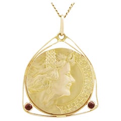 Used 1920s Art Nouveau Garnet and Yellow Gold Coin Pendant