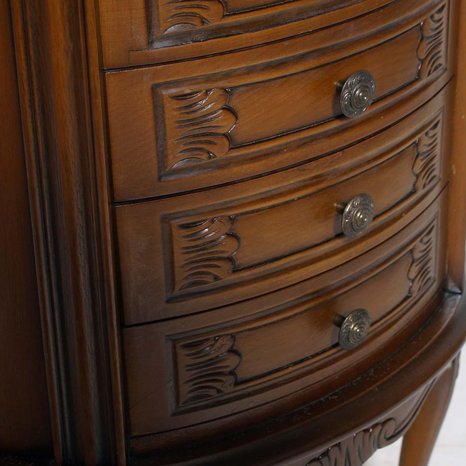 Inizio XX secolo Mobile ovale lombardo in stile Art Nouveau degli anni '20, comodino con 4 cassetti, lucidato a cera in vendita