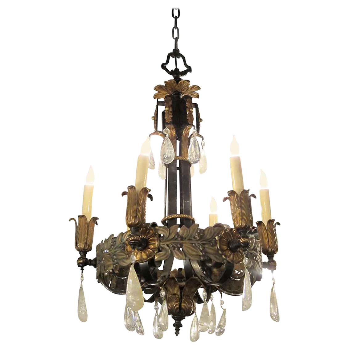 1920s Art Nouveau Style Iron and Bronze Six-Light Chandelier with Rock Crystals