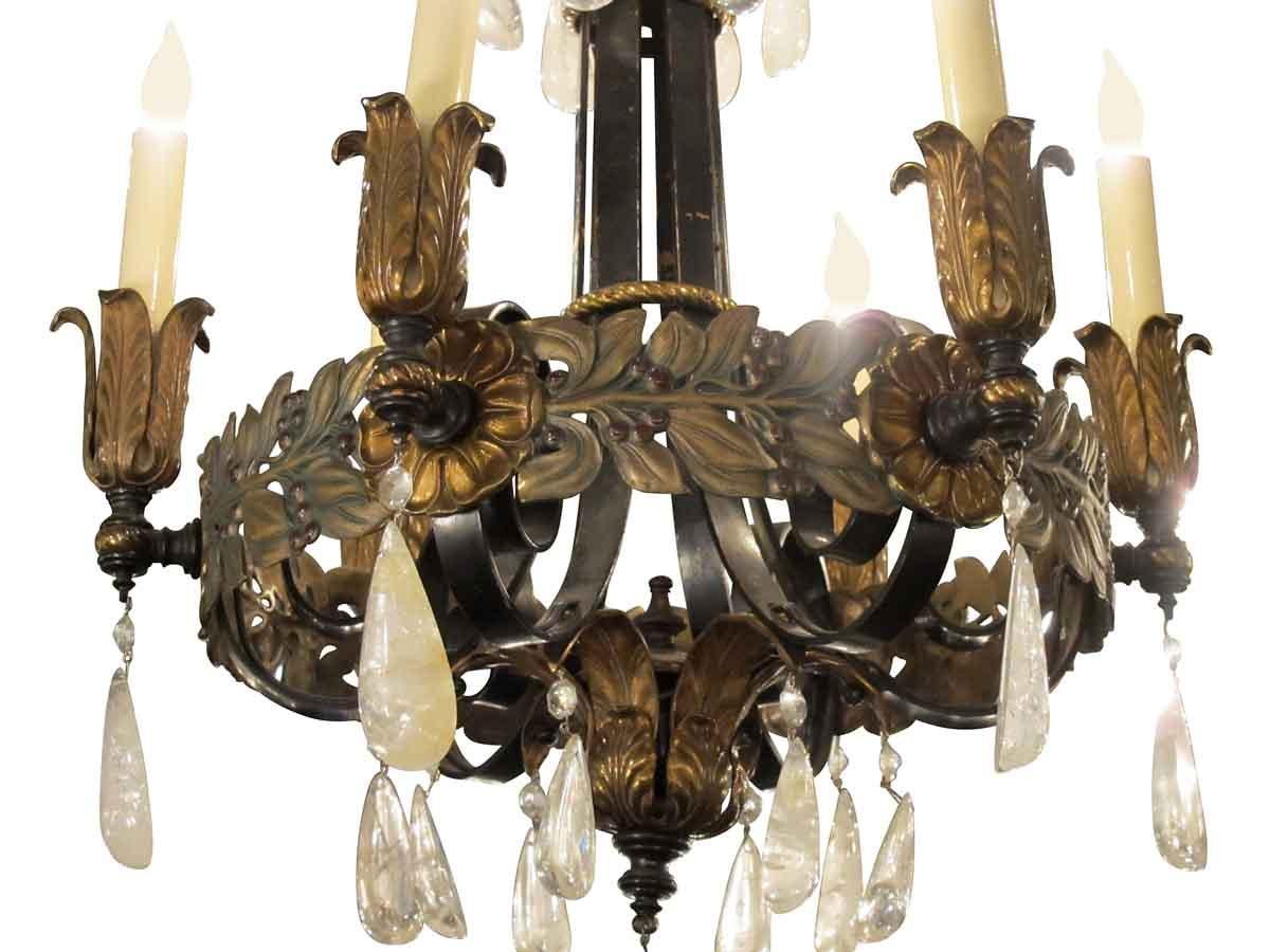 American 1920s Art Nouveau Style Iron and Bronze Six-Light Chandelier with Rock Crystals
