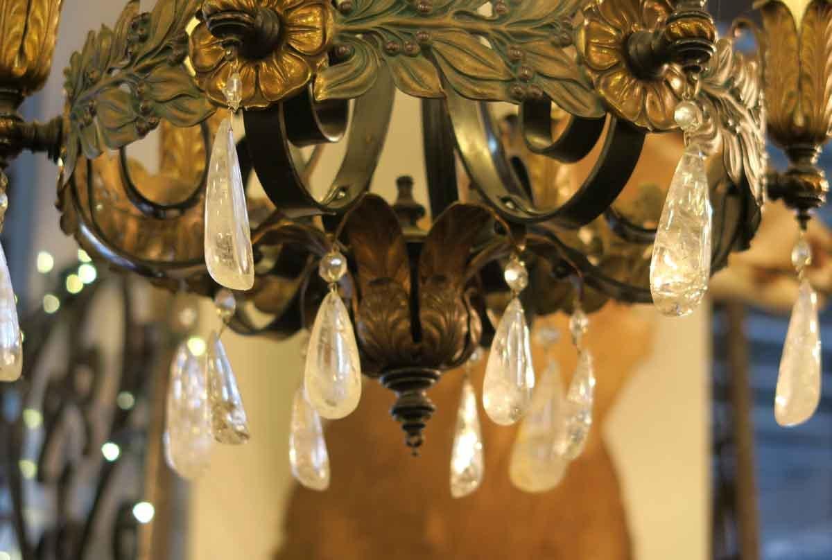 Early 20th Century 1920s Art Nouveau Style Iron and Bronze Six-Light Chandelier with Rock Crystals