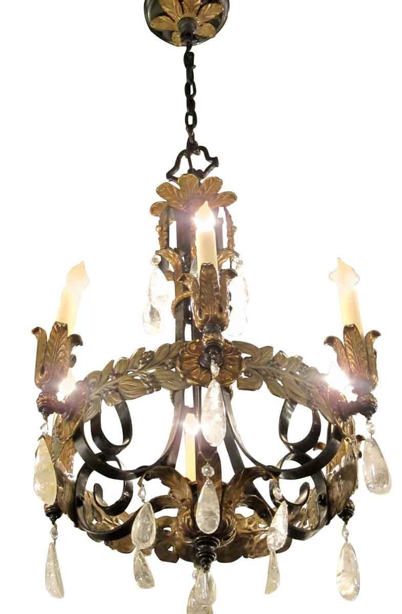 1920s Art Nouveau Style Iron and Bronze Six-Light Chandelier with Rock Crystals 1