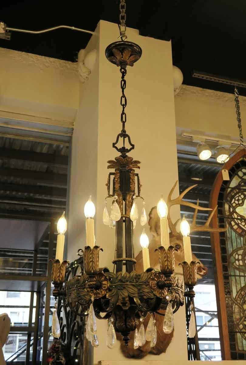 1920s Art Nouveau Style Iron and Bronze Six-Light Chandelier with Rock Crystals 2