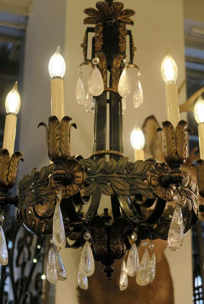 1920s Art Nouveau Style Iron and Bronze Six-Light Chandelier with Rock Crystals 3