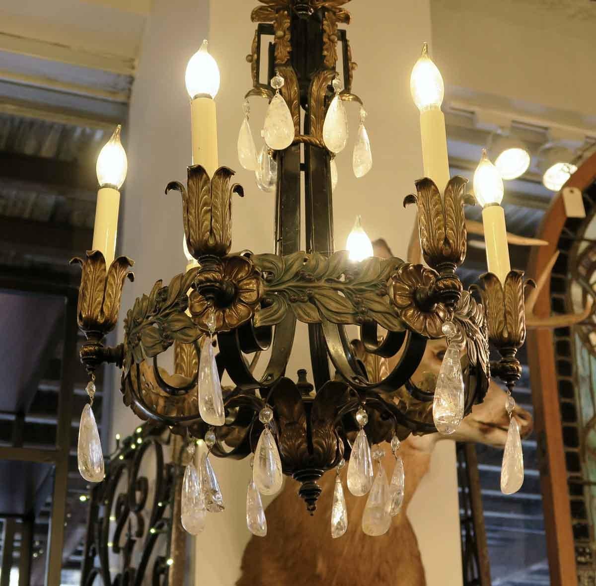 1920s Art Nouveau Style Iron and Bronze Six-Light Chandelier with Rock Crystals 4