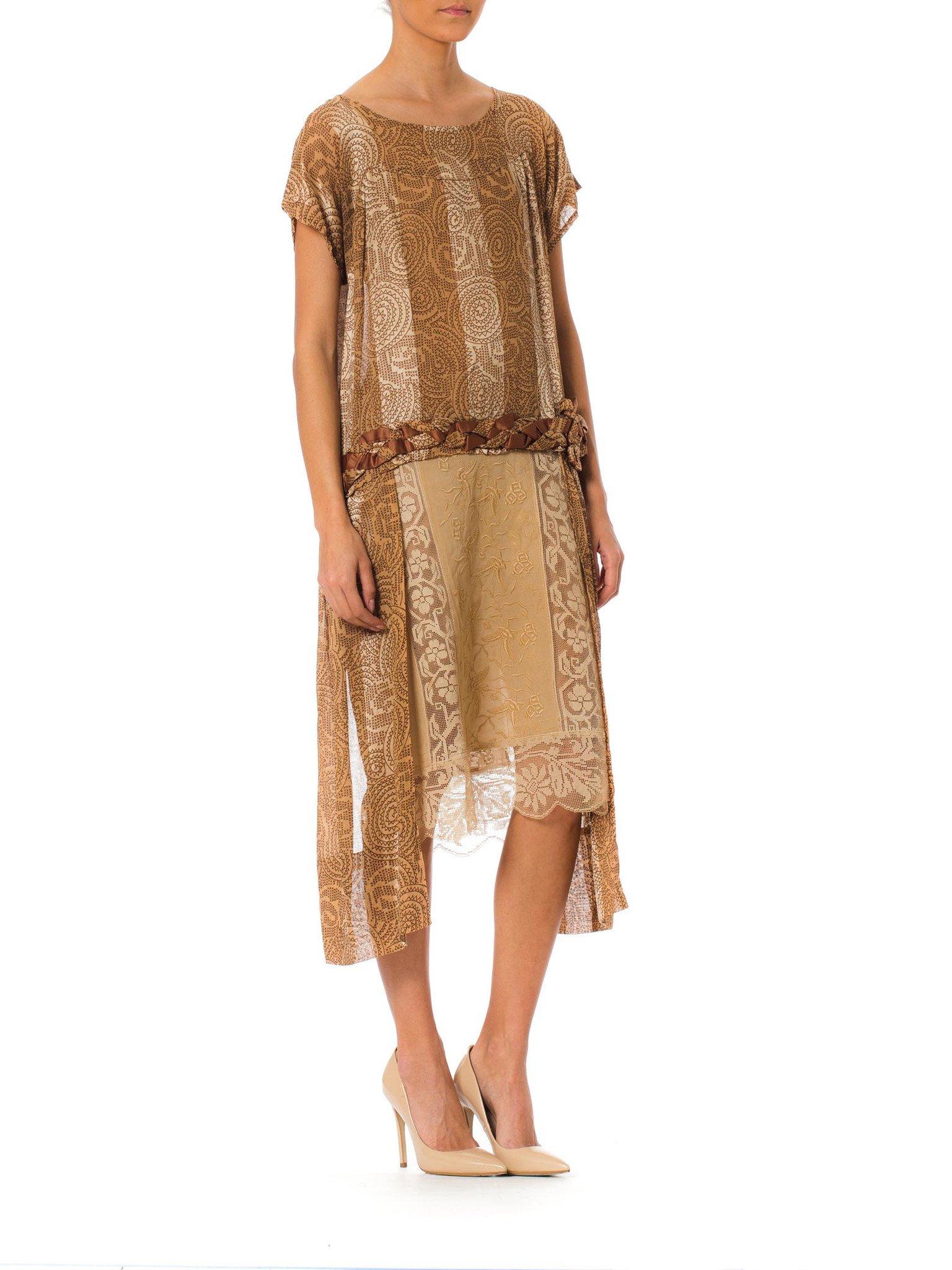 1920S Champagne Hand Embroidered Silk & Cotton Art Deco Lace Dress With Braided Ribbon Waist