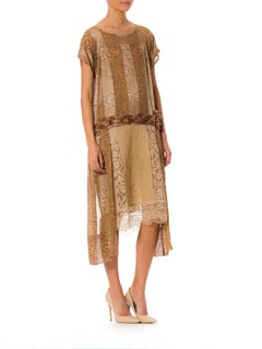 1920S Champagne Hand Embroidered Silk & Cotton Art Deco Lace Dress With Braided