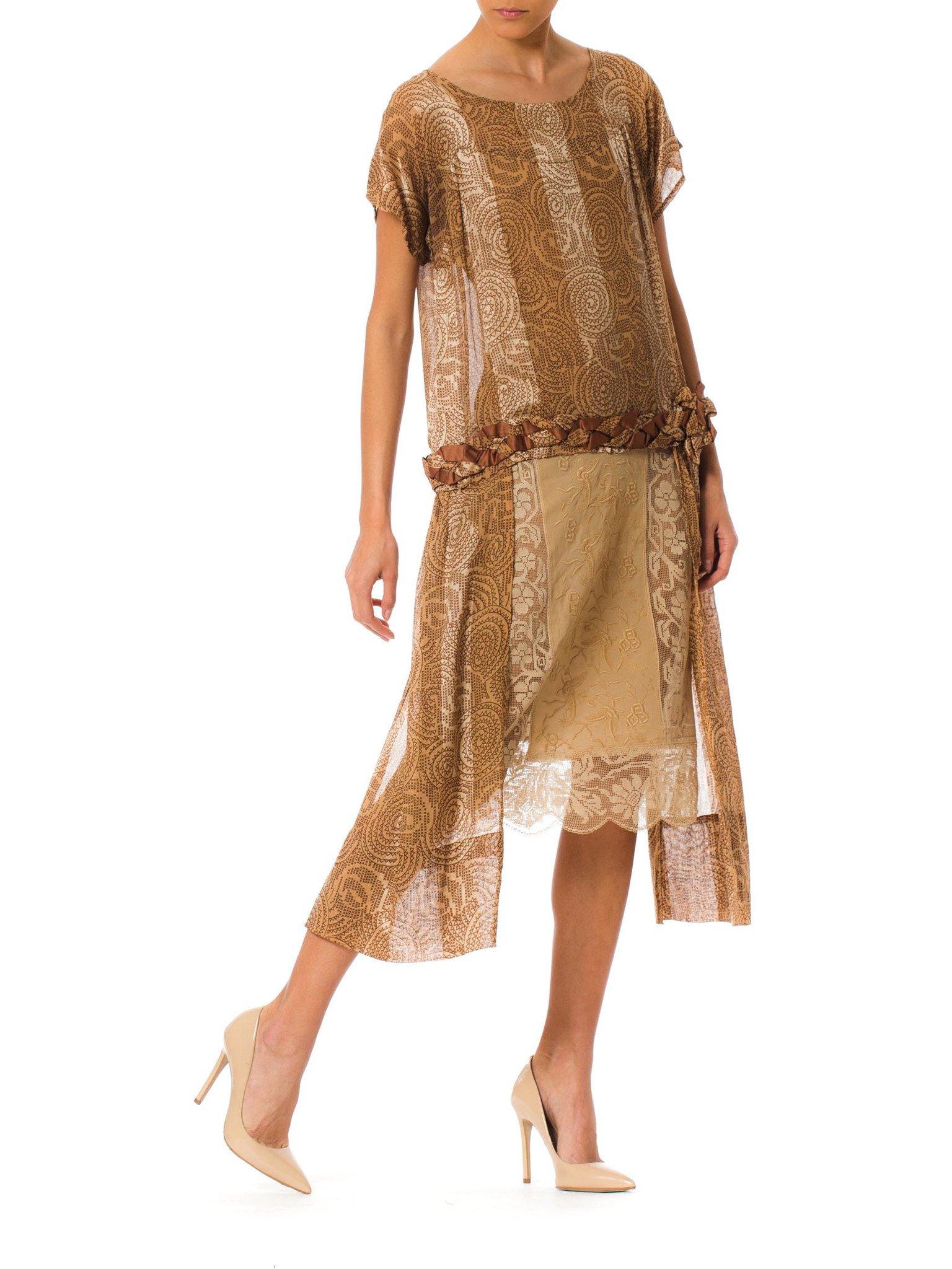 Women's 1920S Champagne Hand Embroidered Silk & Cotton Art Deco Lace Dress With Braided For Sale