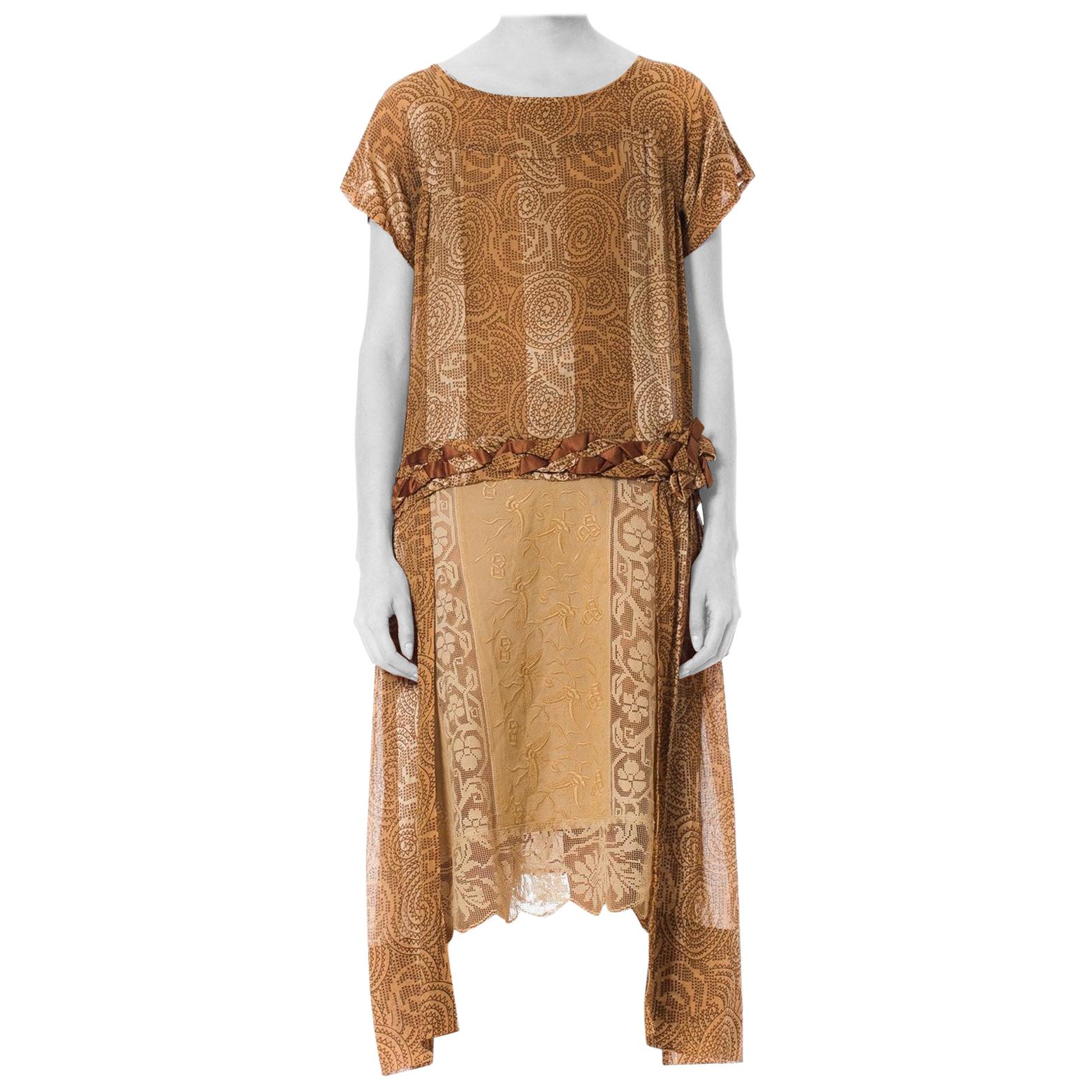 1920S Champagne Hand Embroidered Silk & Cotton Art Deco Lace Dress With Braided For Sale